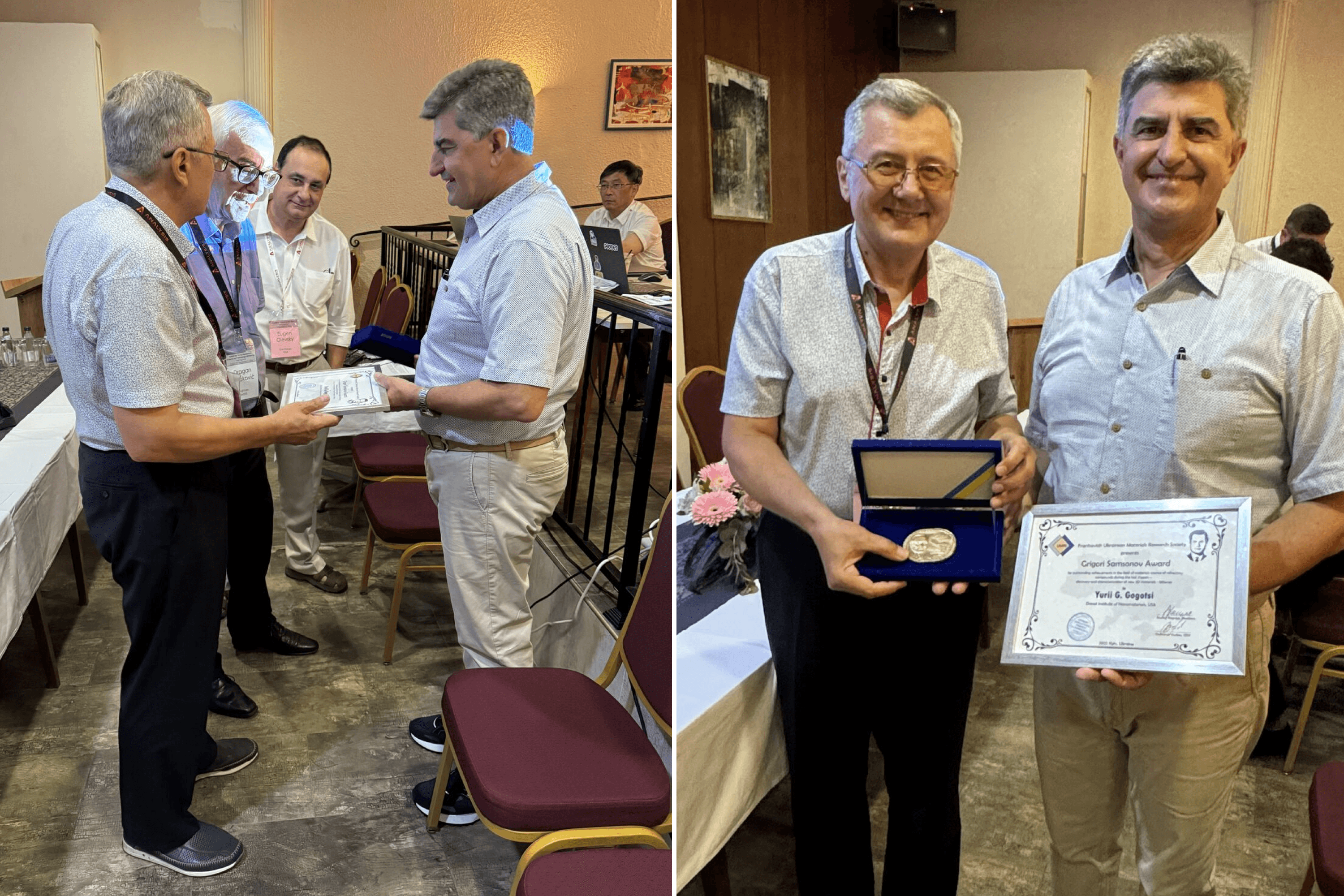 Yury Gogotsi receives the Hryhorii Samsonov Medal and Award from the Ukrainian Materials Research Society at the YUCOMAT conference. 2024.
