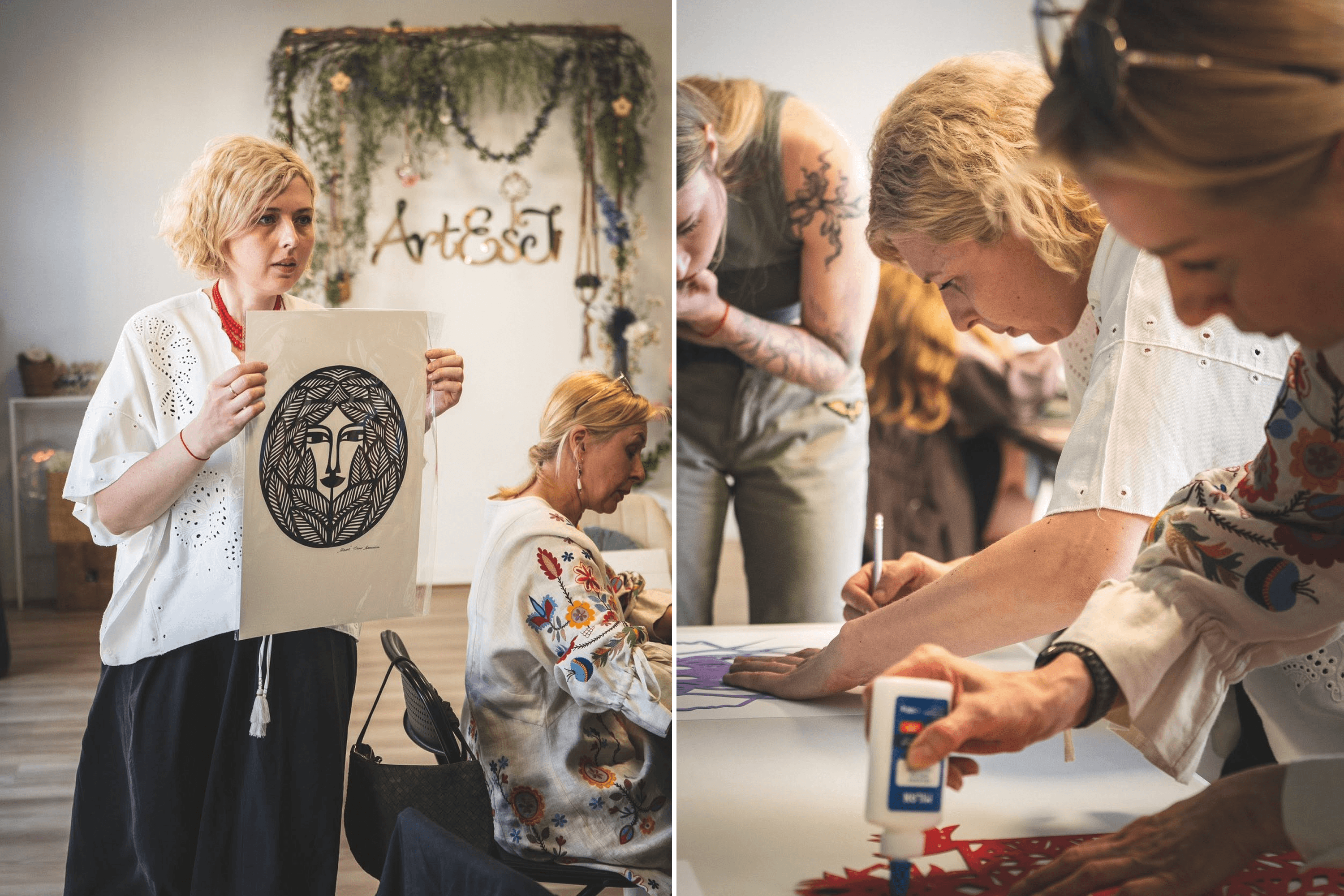 Ukrainian artist Daria Alyoshkina leads a vytynanka workshop in Valencia, Spain. May 2025.
