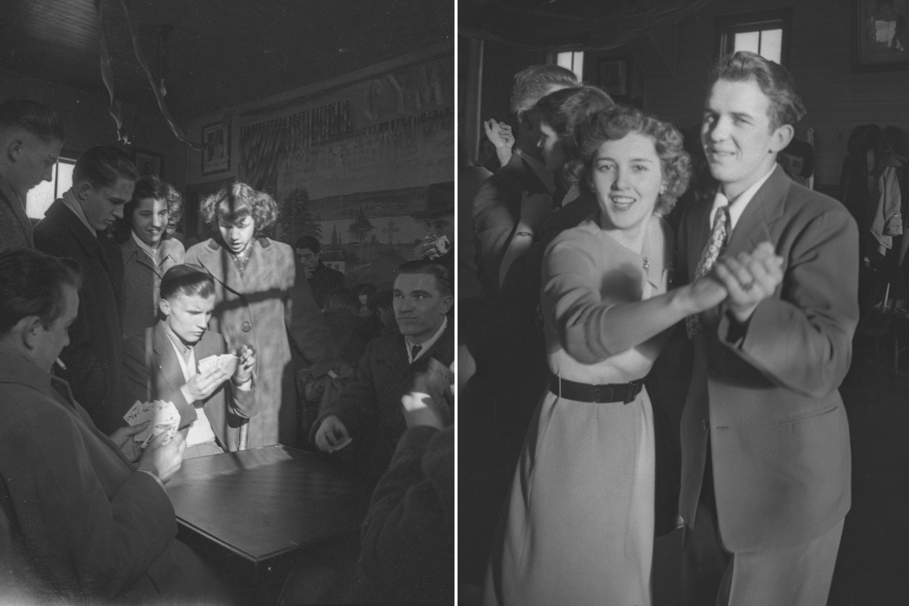 Young people play cards during a dance organized by the Ukrainian Orthodox Youth Association of Canada in Vegreville, Alberta. January 1947.
