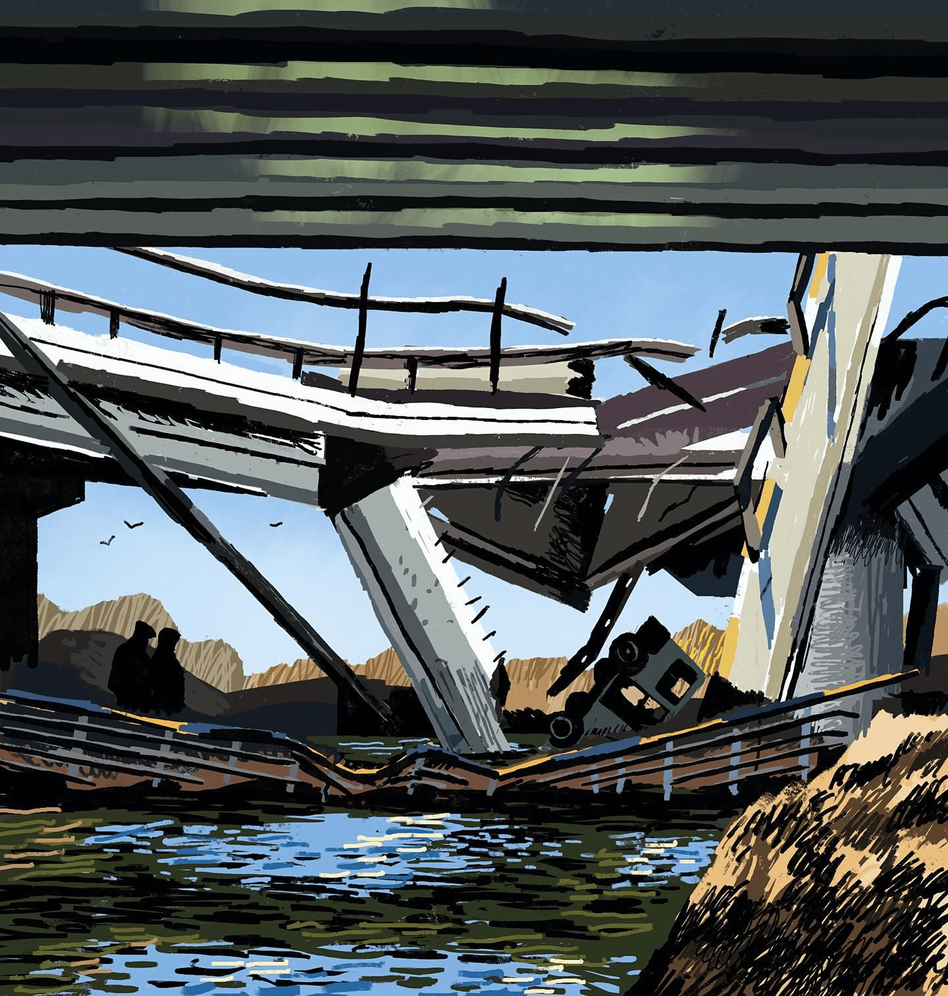 An illustration by Sergiy Maidukov depicting the destroyed bridge in Irpin, created for ZEIT Magazin. March 2024.