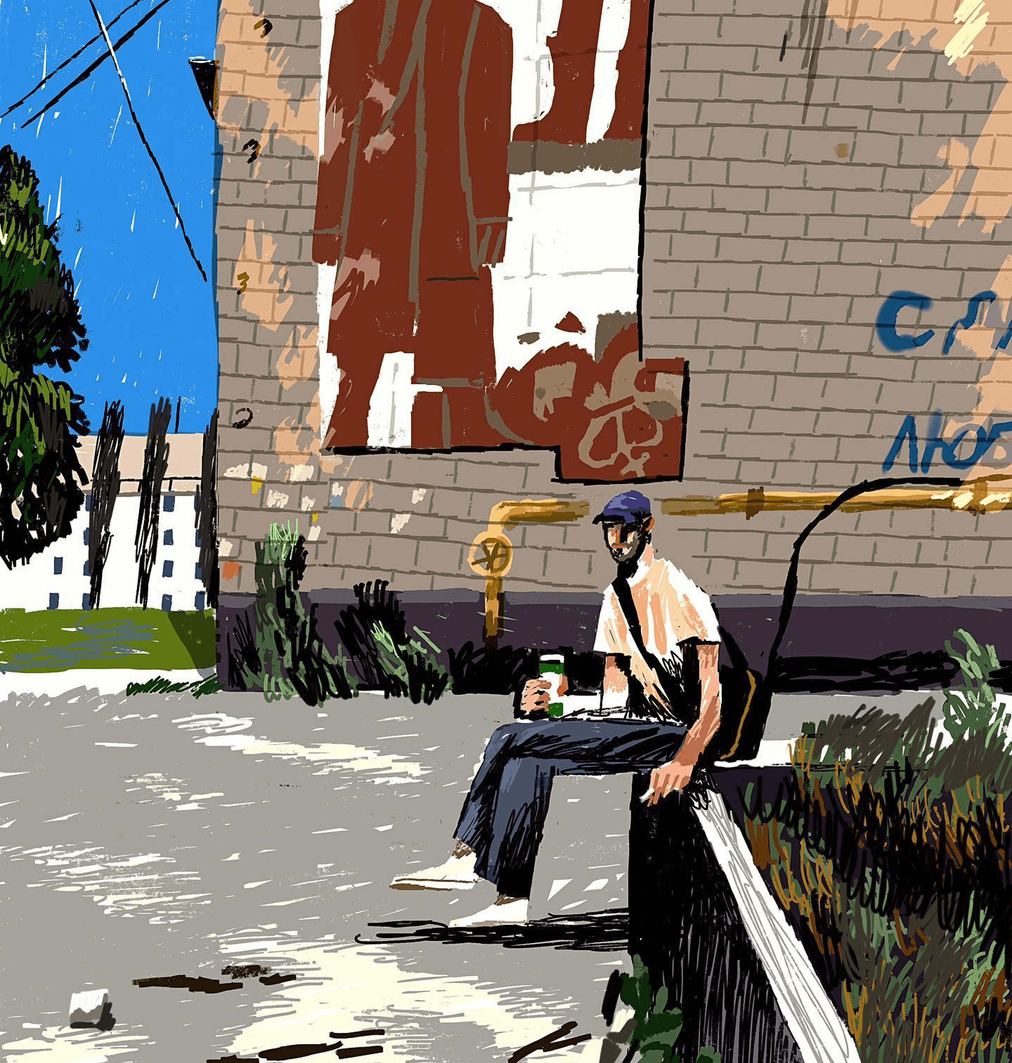 An illustration by Sergiy Maidukov depicting Bakhmut, created after his trip to the city in August 2022. September 2022.