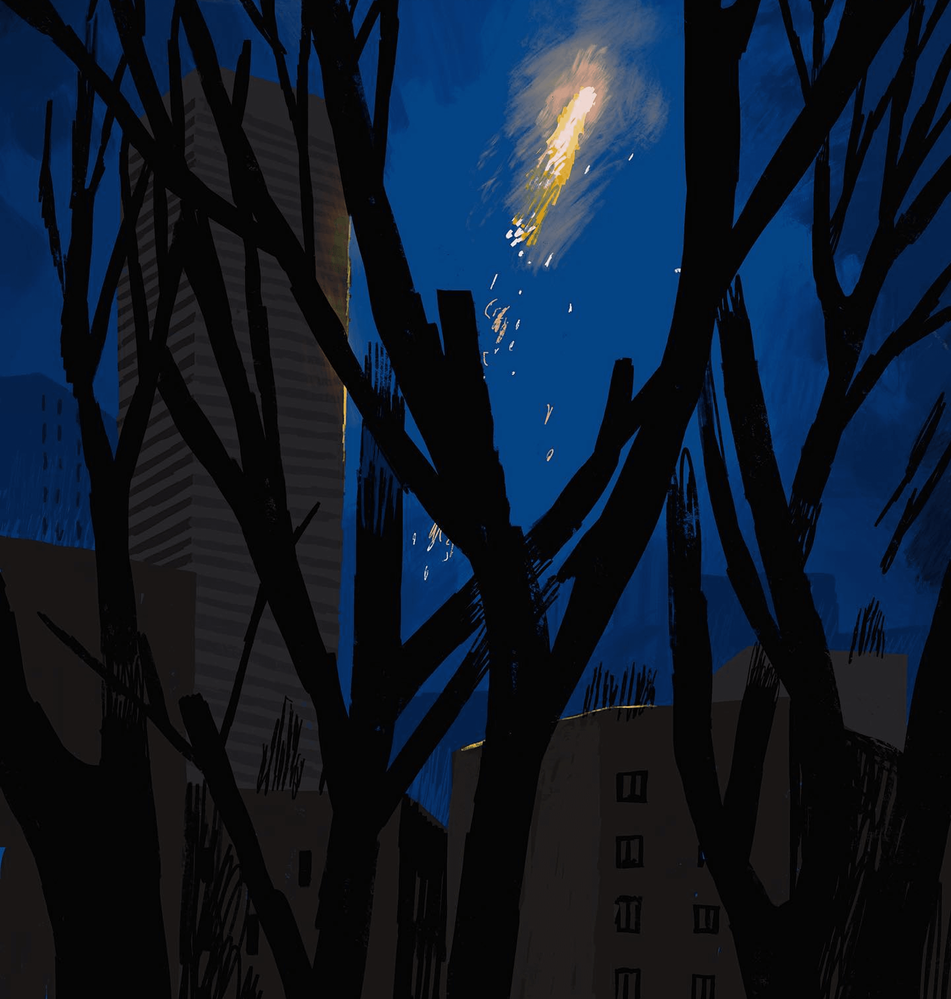 An illustration by Sergiy Maidukov depicting a Russian missile attack on Kyiv, drawn from the window of his apartment. May 2022.