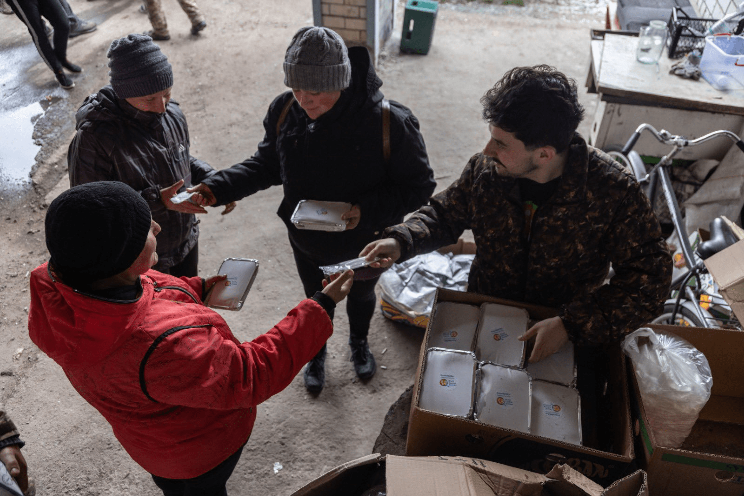 The World Central Kitchen team delivers hot meals and food kits to liberated Chernihiv. April 2022.
