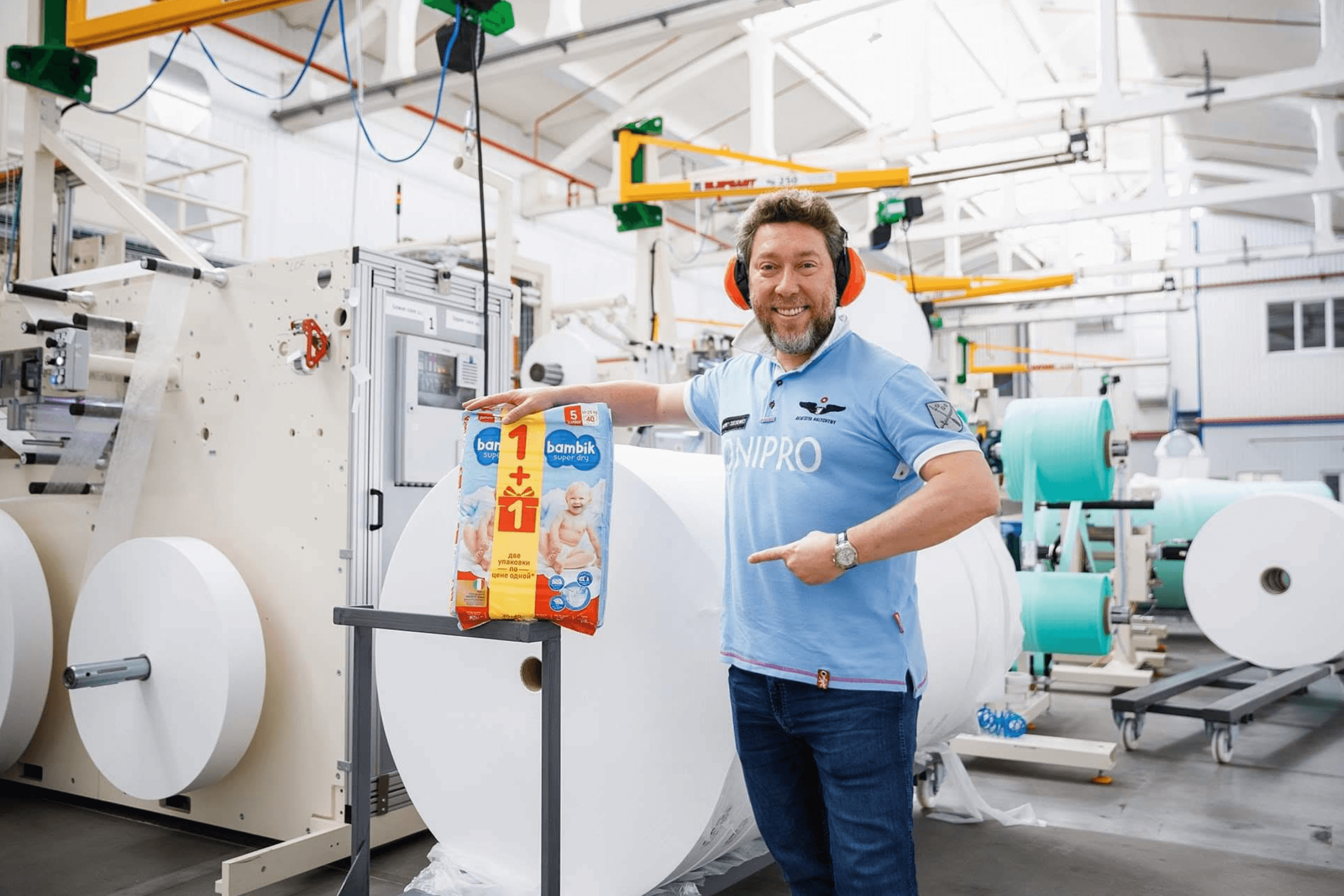 Andriy Zdesenko, founder of Biosphere Corporation, during the launch of the Bambik diaper manufacturing project in Ukraine. 2019.