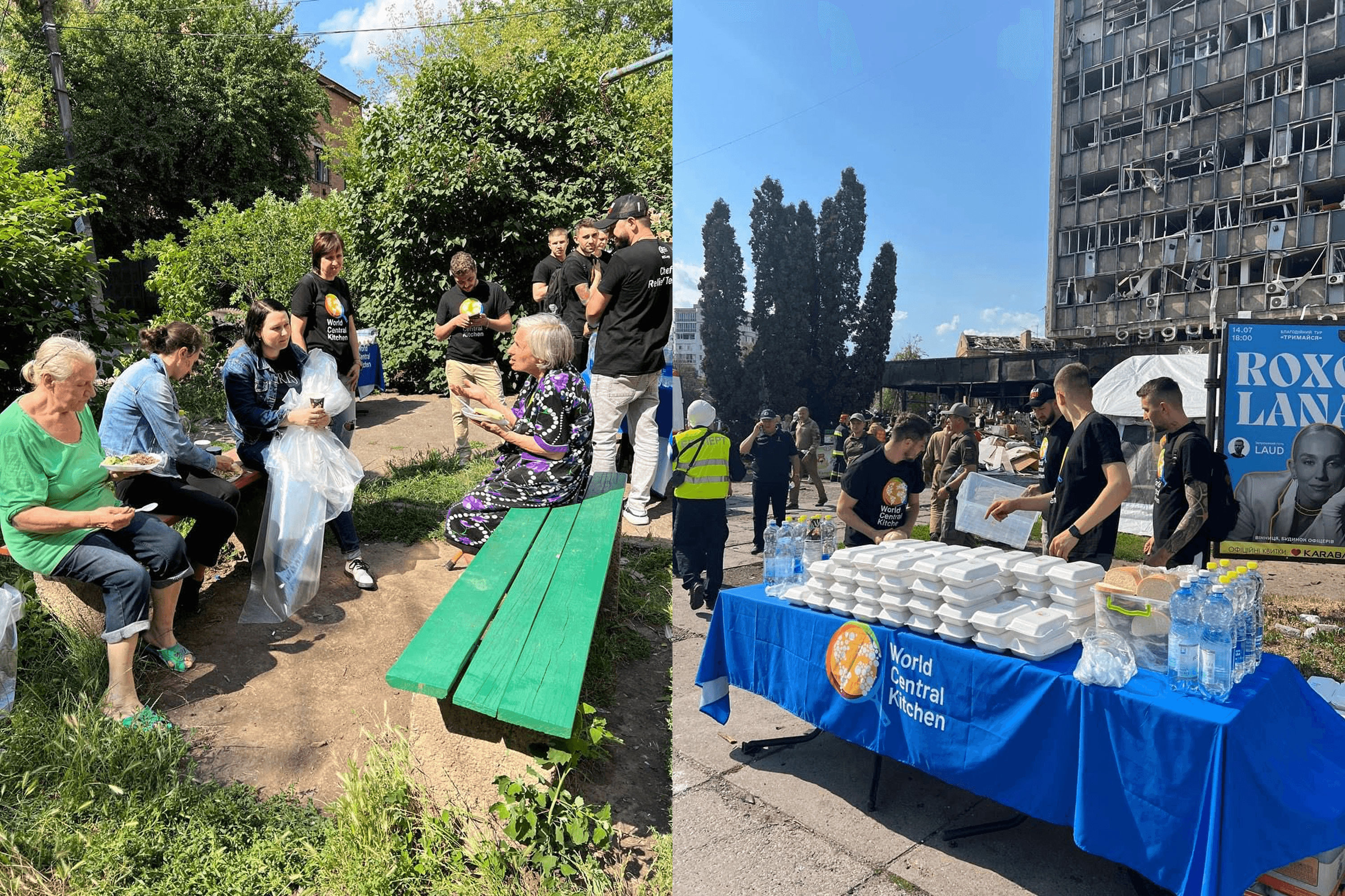 The World Central Kitchen team distributes food in Vinnytsia following a Russian missile strike. July 2022.