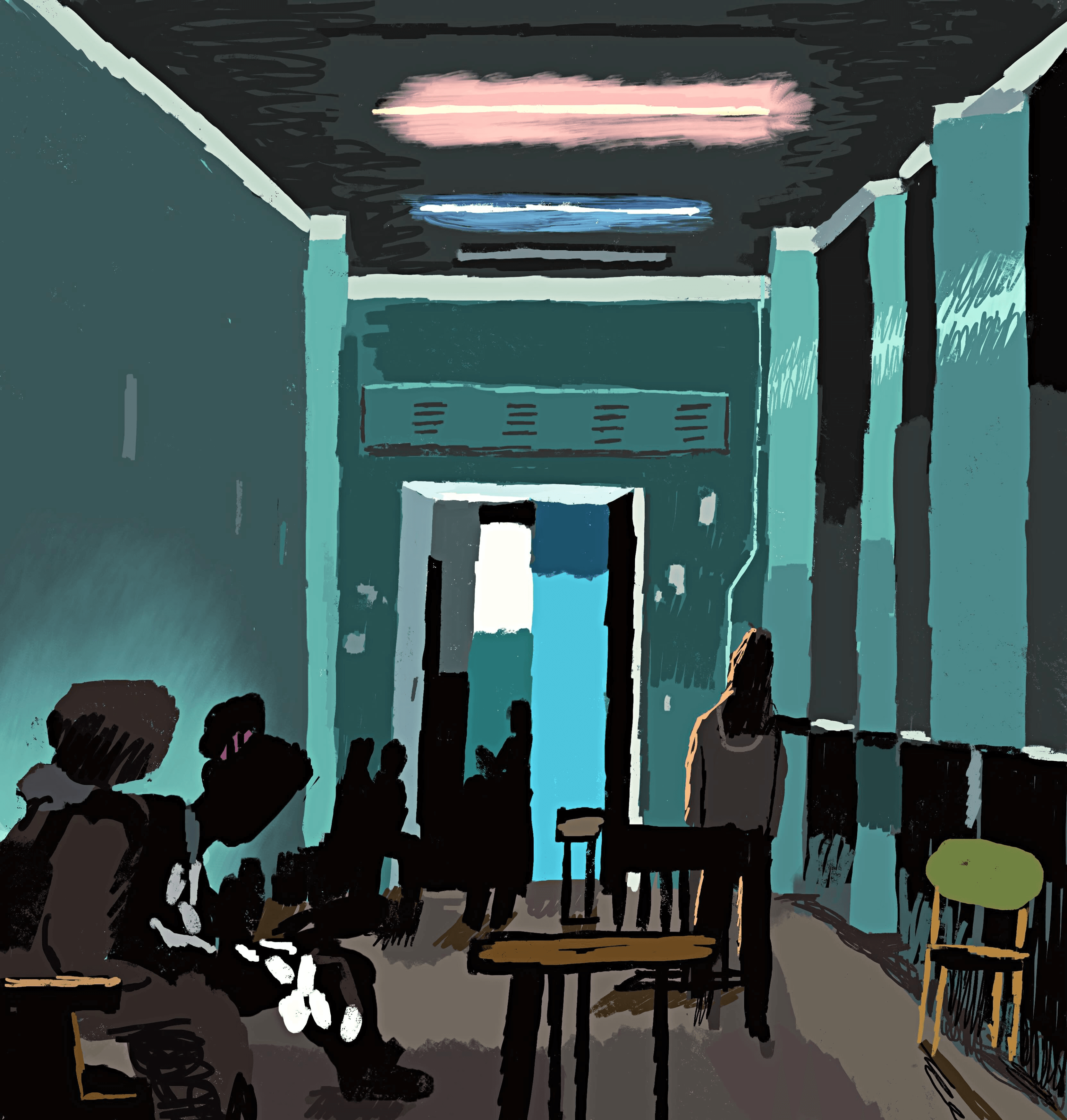 An illustration by Sergiy Maidukov depicting a shelter in a Lviv school during a Russian drone attack. May 2025.