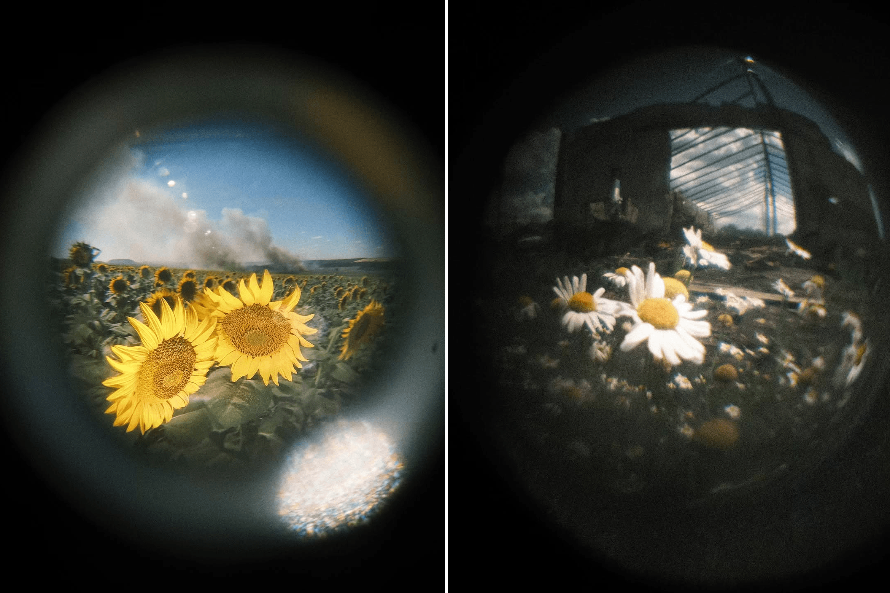 Left: A field burns after shelling on the T0504 highway, 5 km from the front line. Donetsk region, Ukraine. July 2024.
Right: The de-occupied and destroyed village of Kamianka, near Izium. Kharkiv region, Ukraine. June 2024.