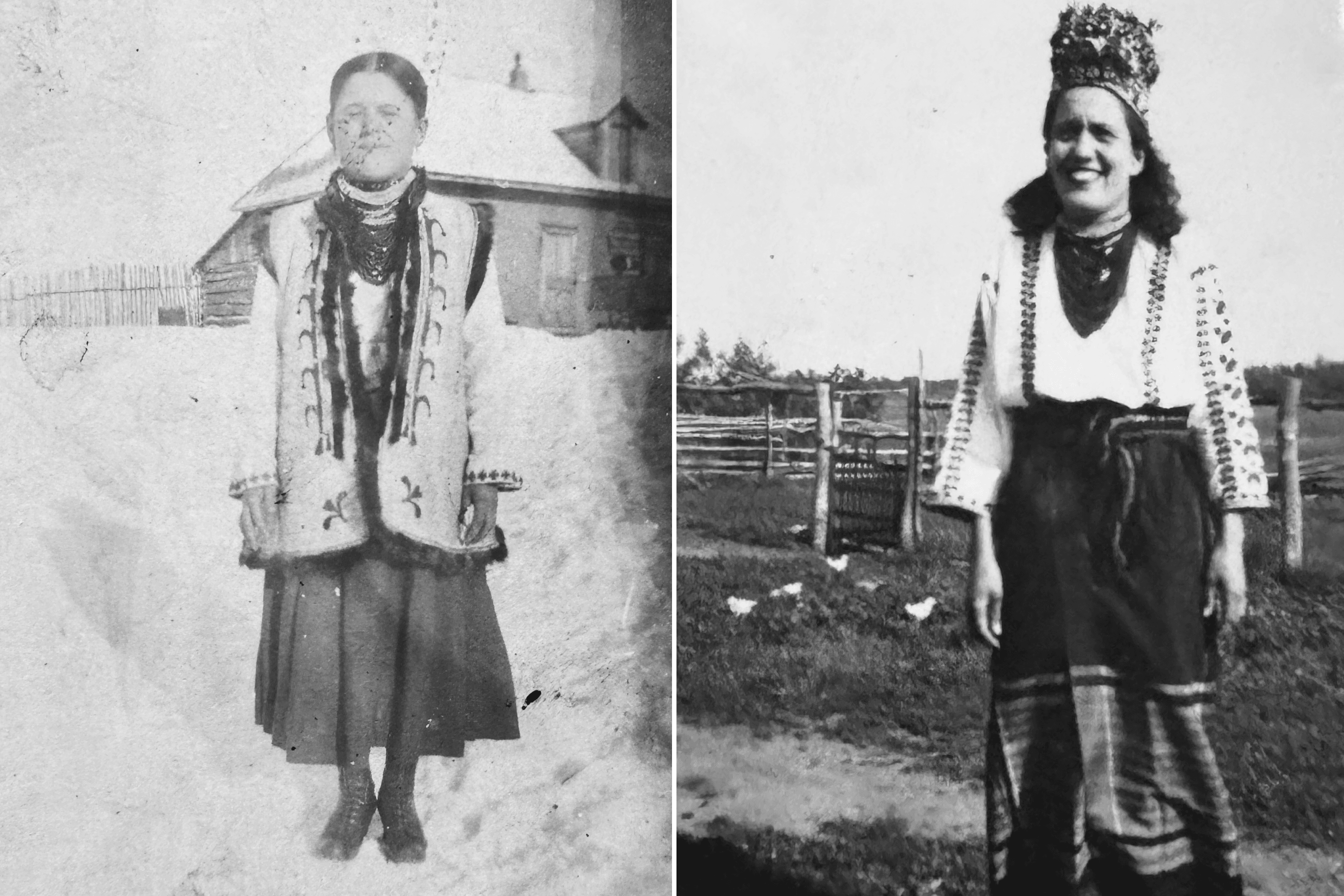 Left photo: Pamela’s ancestor in front of the house from Aksana’s family homestead near Sheho, Saskatchewan. Right photo: Pamela’s grandmother, circa the 1930s.