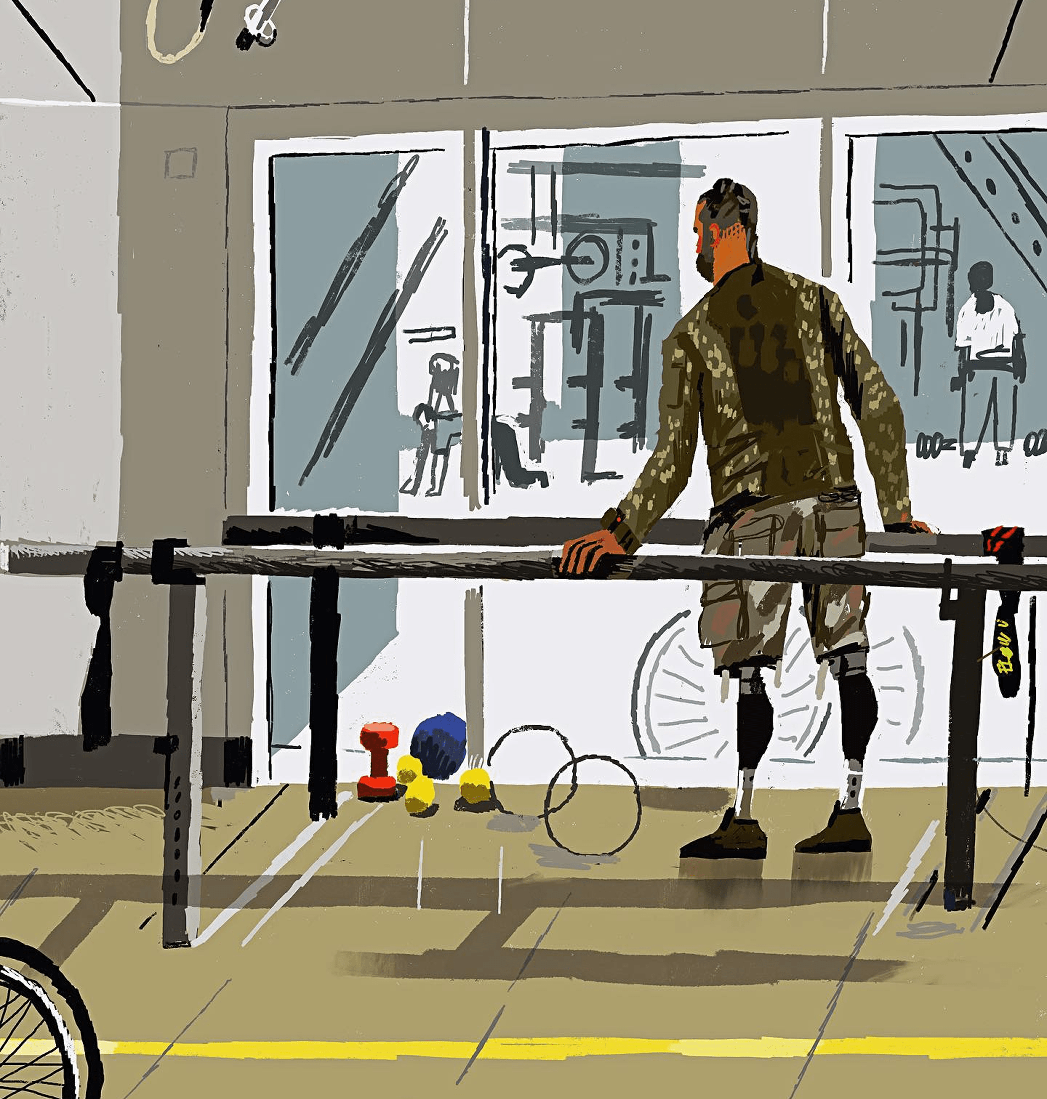 An illustration by Sergiy Maidukov depicting the Superhumans rehabilitation center, where a Ukrainian soldier is learning to walk with prosthetic limbs. Created for ZEIT Magazin. October 2023.