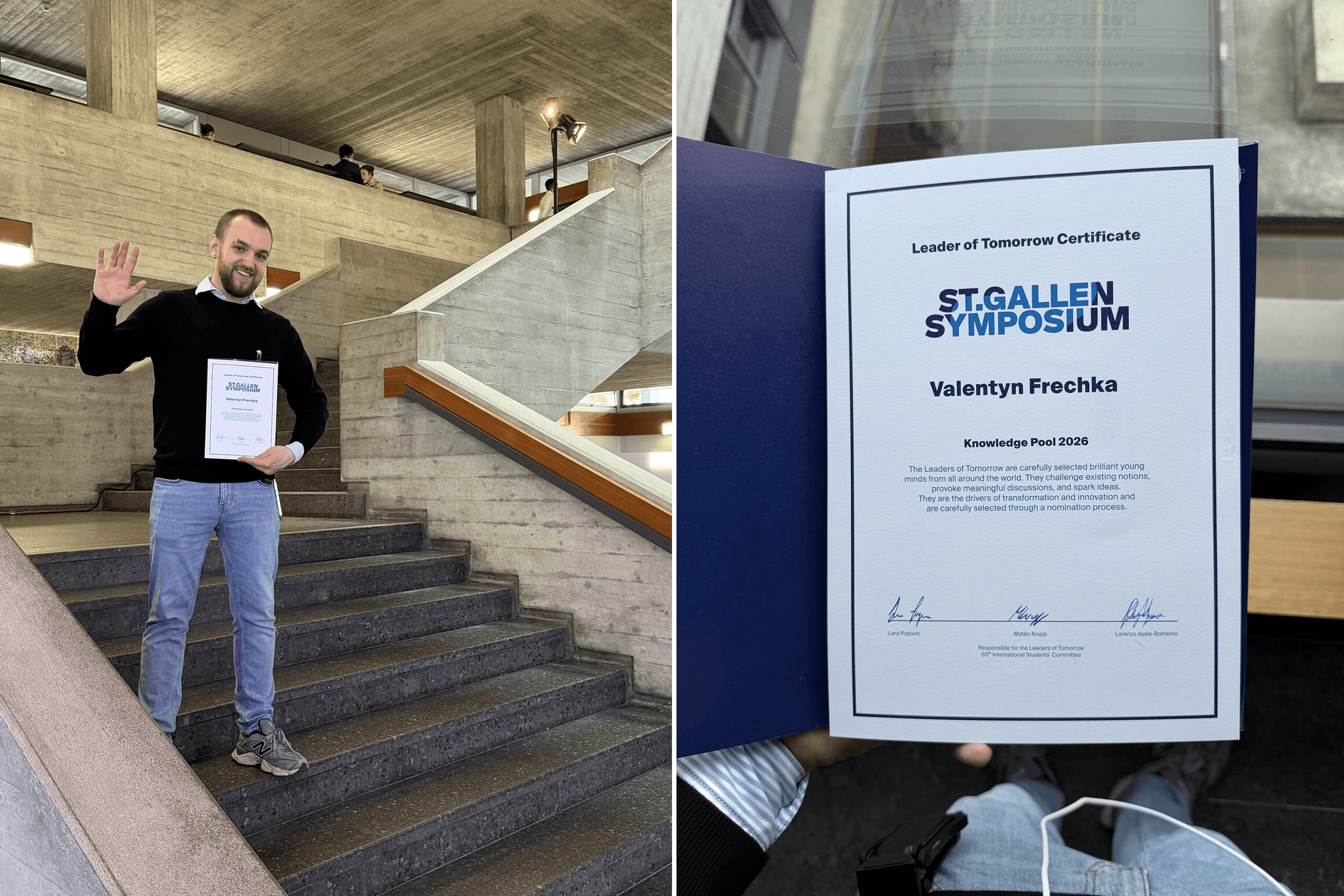 Valentyn Frechka at the St. Gallen Symposium in Switzerland, where he participated in the Leaders of Tomorrow program. May 6–7, 2026.