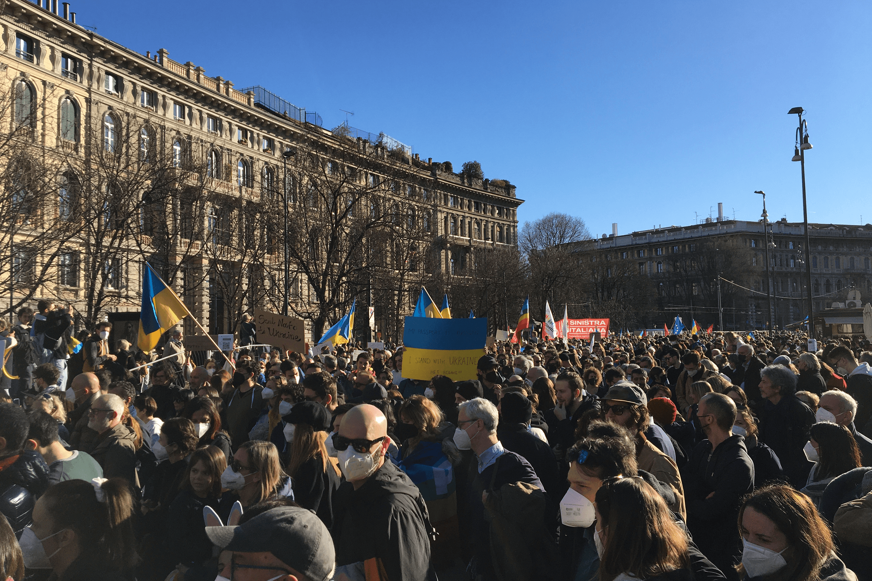 A rally in support of Ukraine at Piazza Castello in Milan, Italy. February 26, 2022.