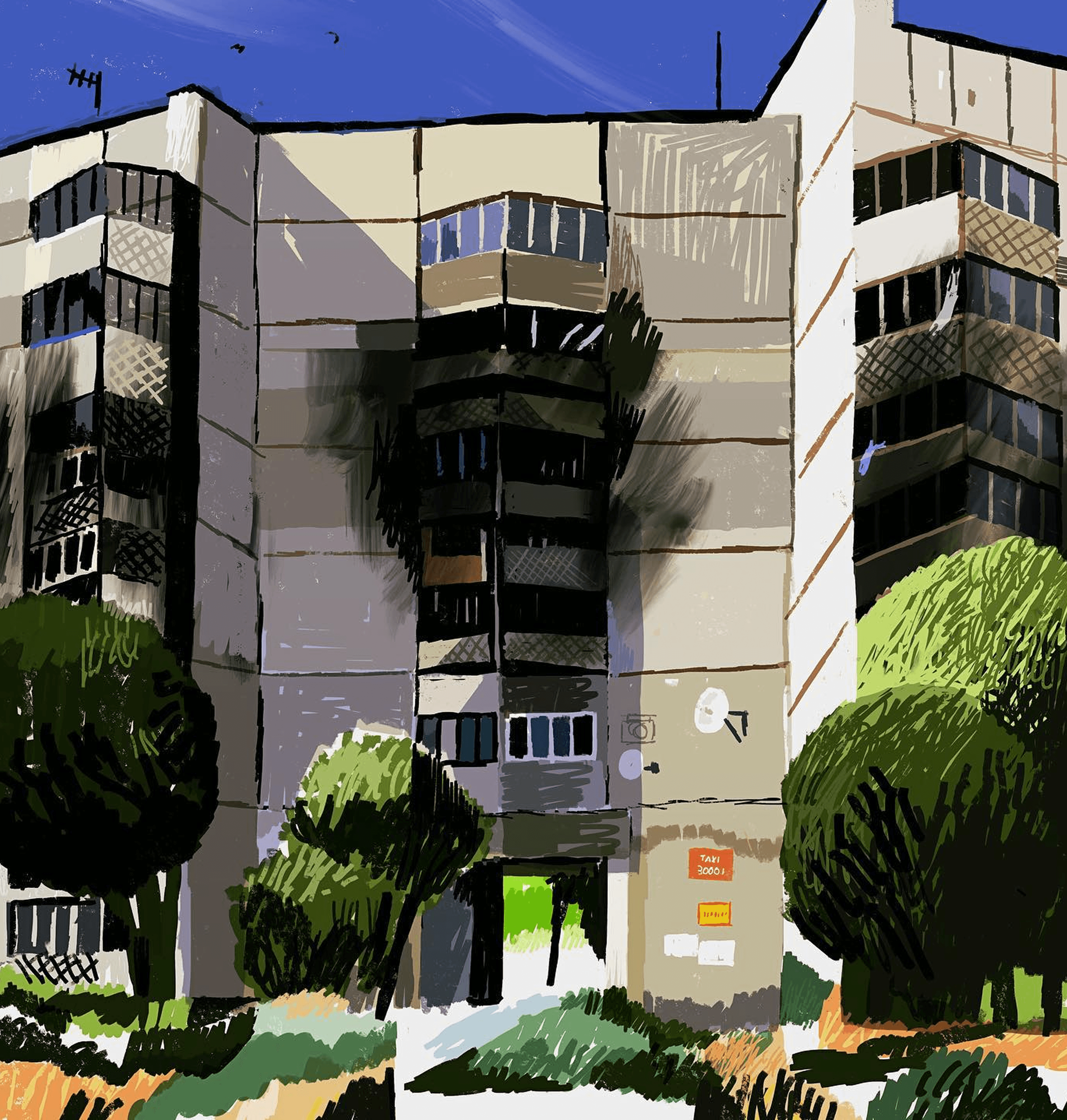 An illustration by Sergiy Maidukov depicting an apartment building in Kharkiv’s Saltivka district damaged by Russian shelling. Created for ZEIT Magazin. July 2022.