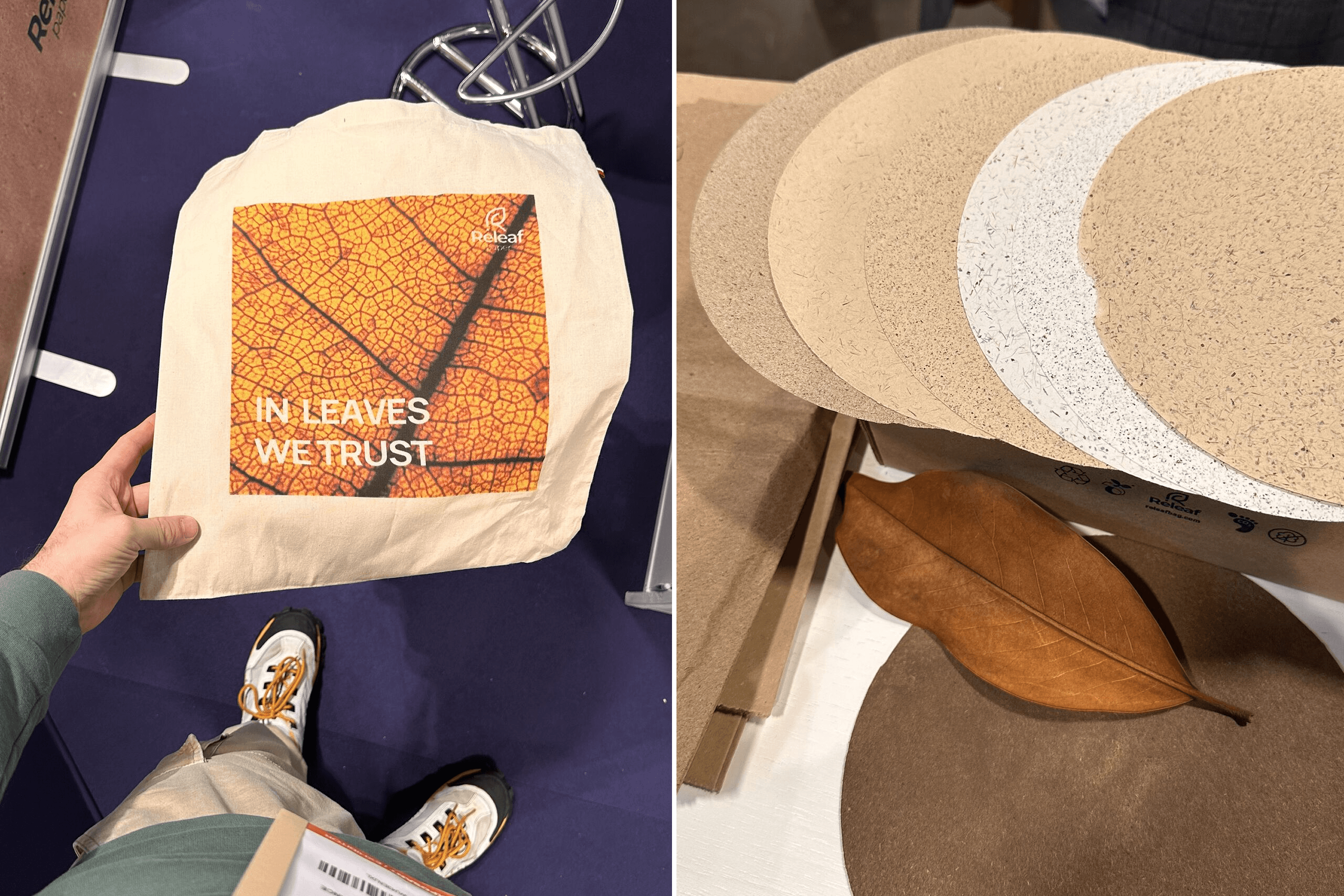 Samples of Releaf Paper materials made from fallen leaves at ALLFORPACK Emballage Paris. 2024.