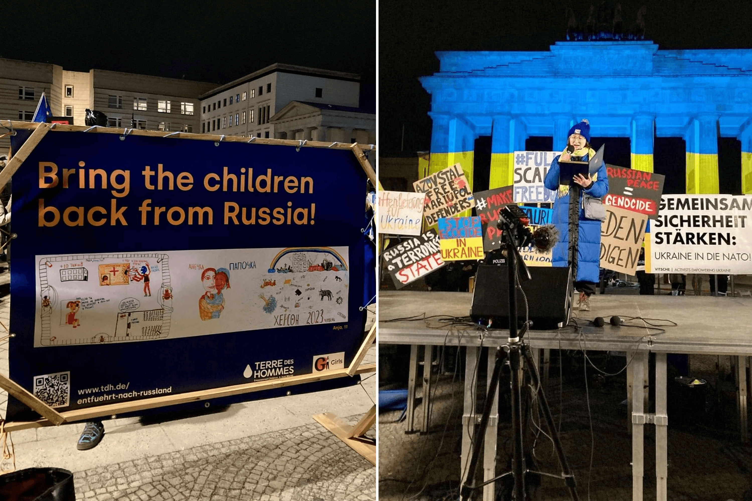 Works from the Blue Sweater with a Yellow Hole project displayed at a demonstration in Berlin calling for the return of Ukrainian children deported by Russia. February 2025.