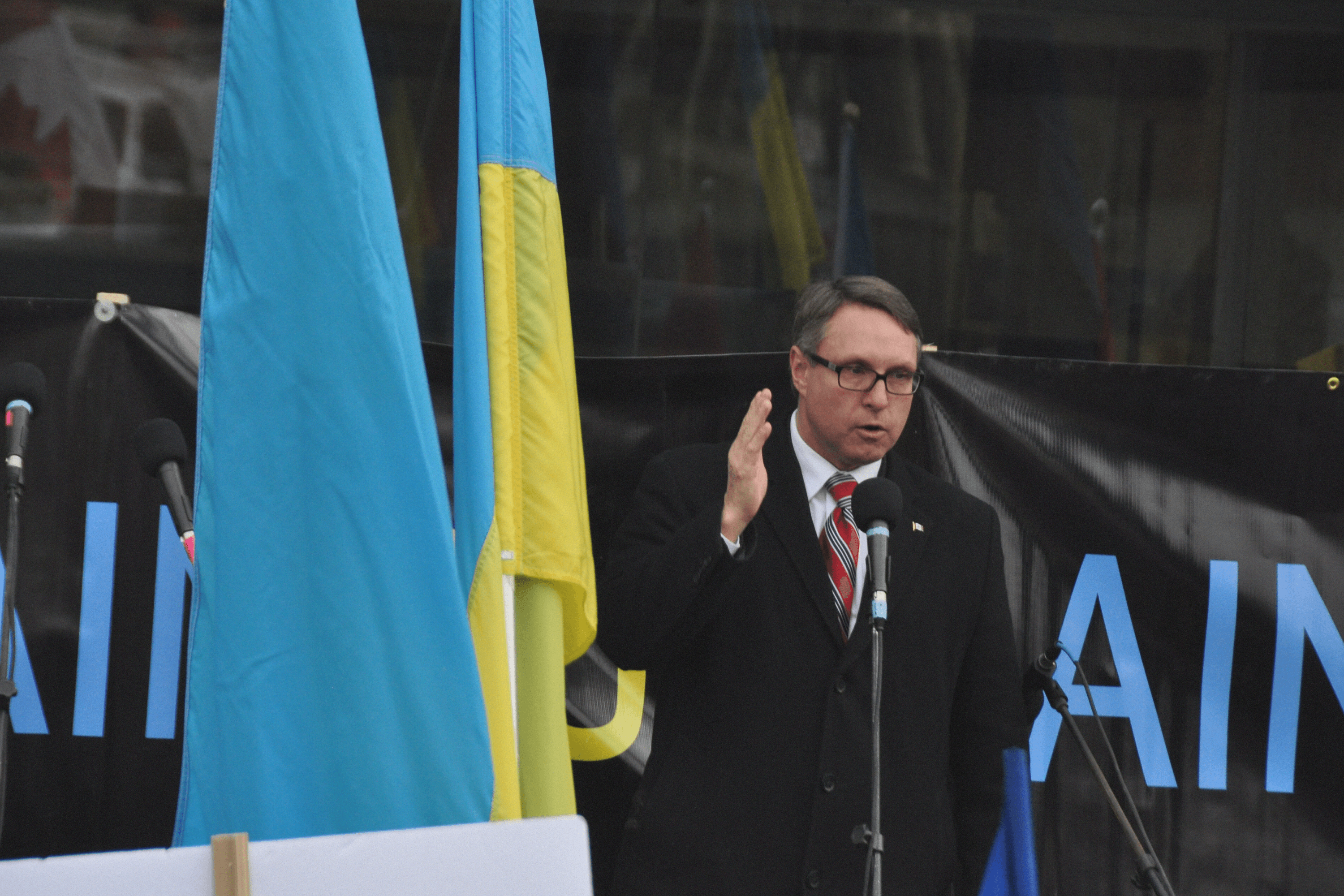 Canadian MP Ted Opitz speaks at a rally in support of Euromaidan outside the Ukrainian Consulate in Toronto. December 8, 2013.