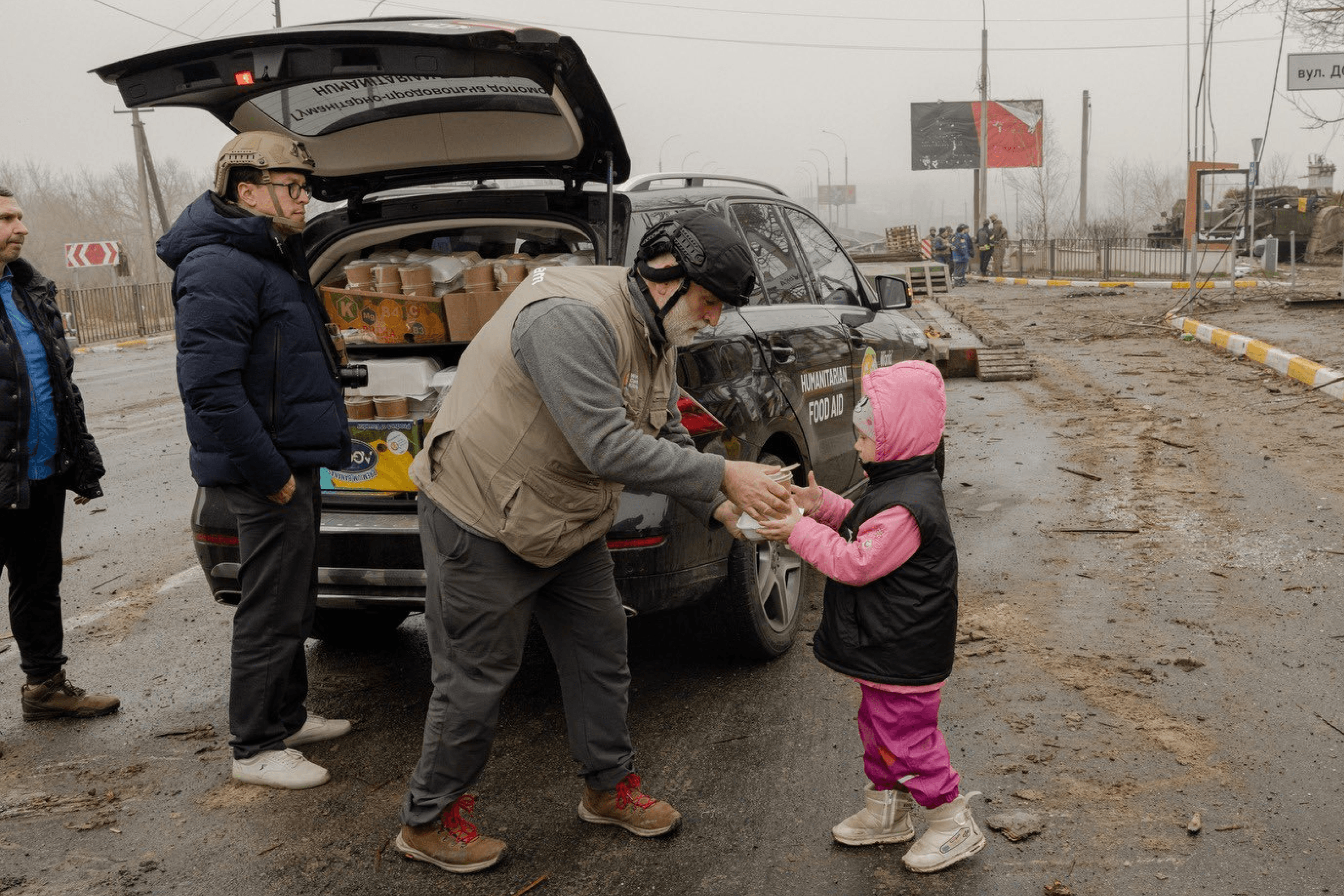 The World Central Kitchen team delivers food to the newly liberated cities of Irpin and Bucha. April 2022.