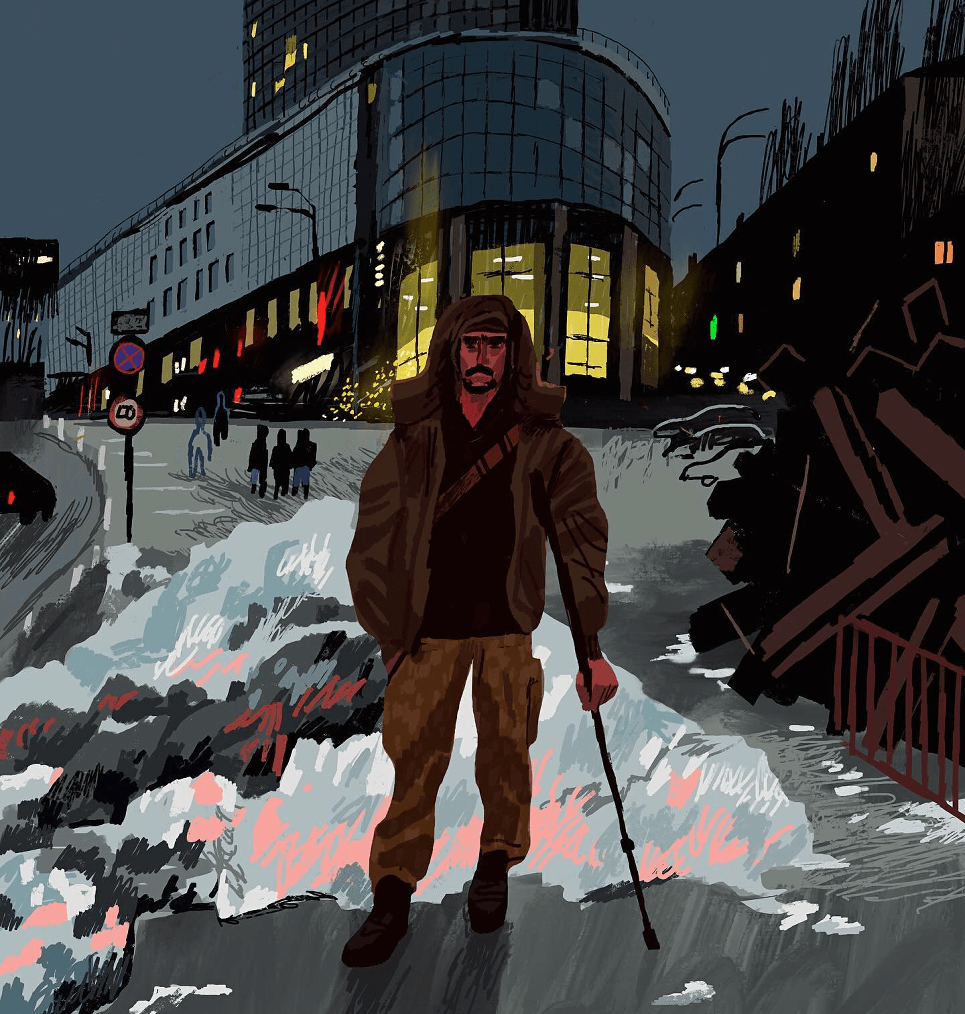An illustration by Sergiy Maidukov depicting Serhii, a wounded Ukrainian soldier who lost part of his foot and a finger after a munition was dropped from a Russian drone. January 2024.
