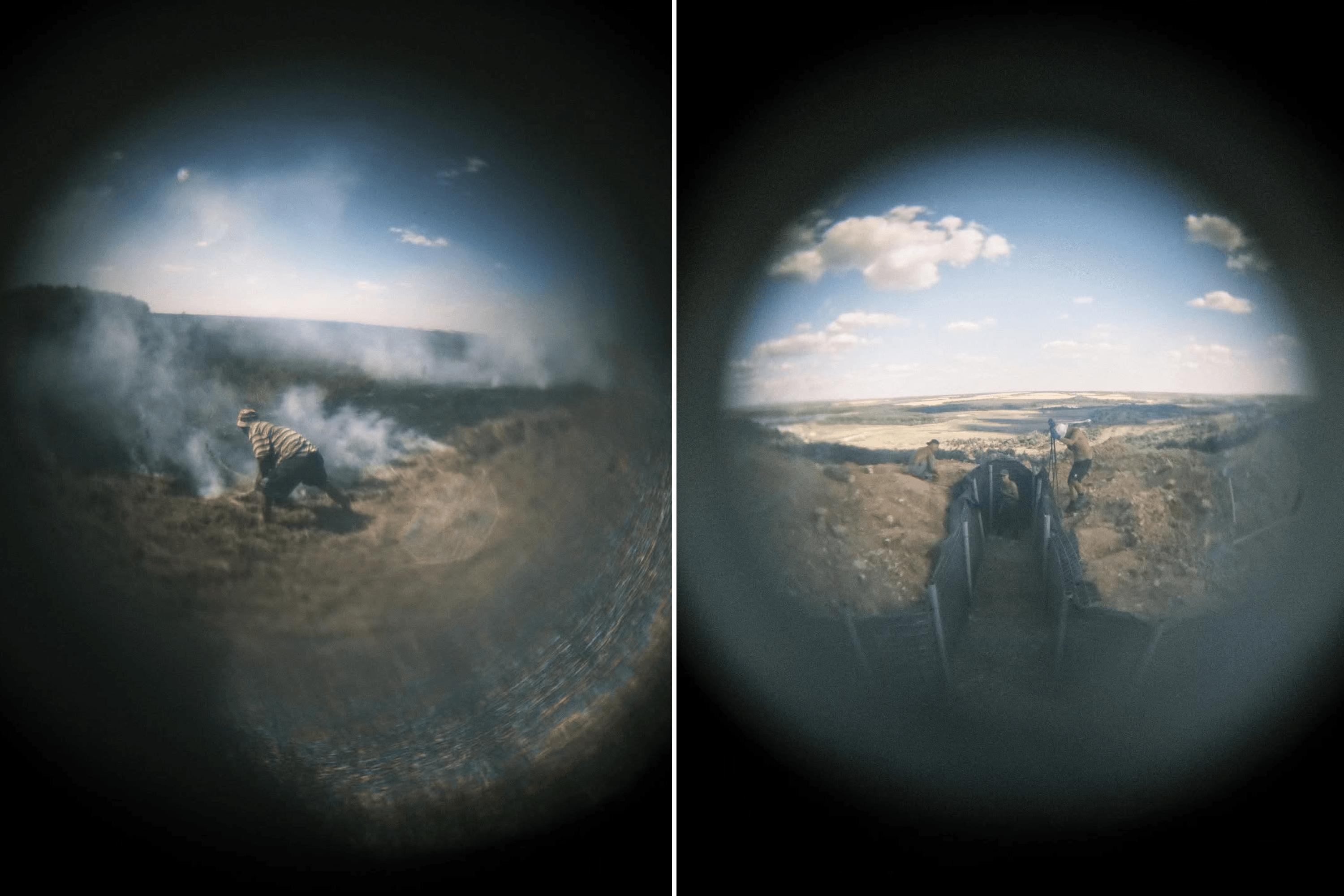 Left: Wheat fields burn after shelling as local resident Enver, 46, tries to put out the fire. Nova Poltavka, Donetsk region, Ukraine. July 2024.
Right: Ukrainian construction workers prepare a defense line outside Toretsk in case the city is captured by Russian forces. Toretsk is under artillery, drone, and bomb attacks. Donetsk region, Ukraine. June 2024.