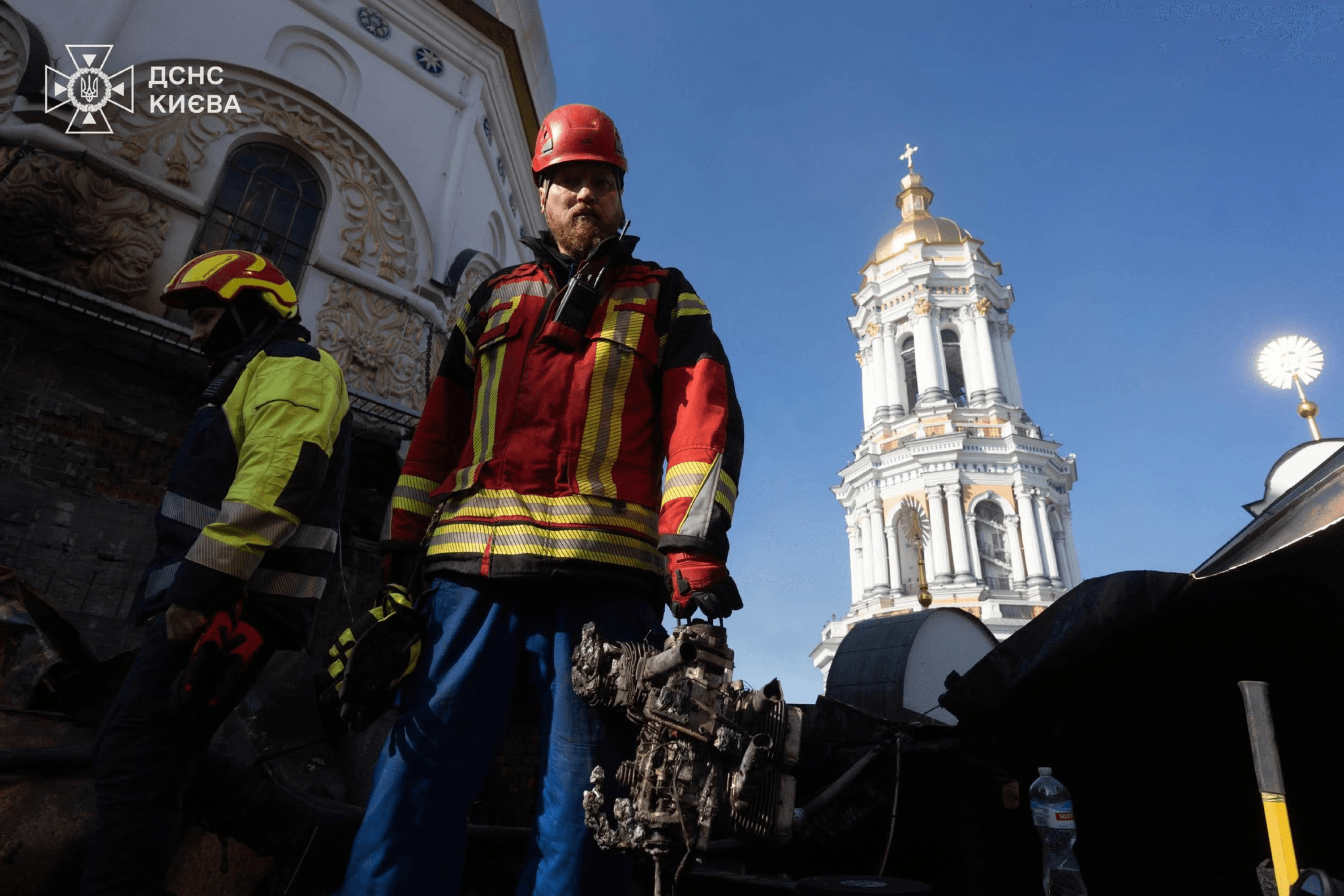 Emergency restoration work at the Kyiv Pechersk Lavra following the Russian attack on the night of June 15, 2026.