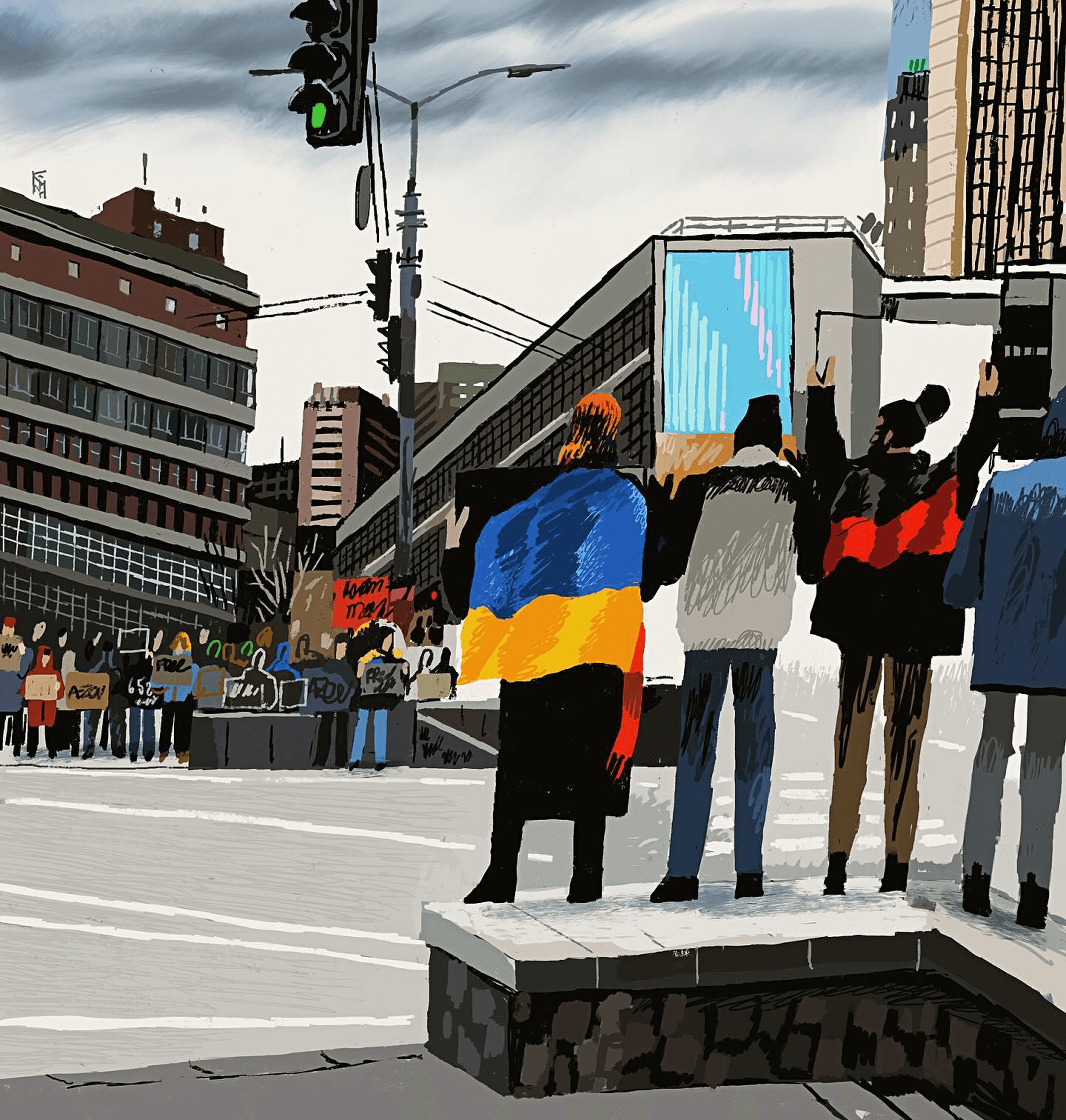 An illustration by Sergiy Maidukov depicting a rally in Kyiv’s Lviv Square in support of the defenders of Azovstal. March 2024.