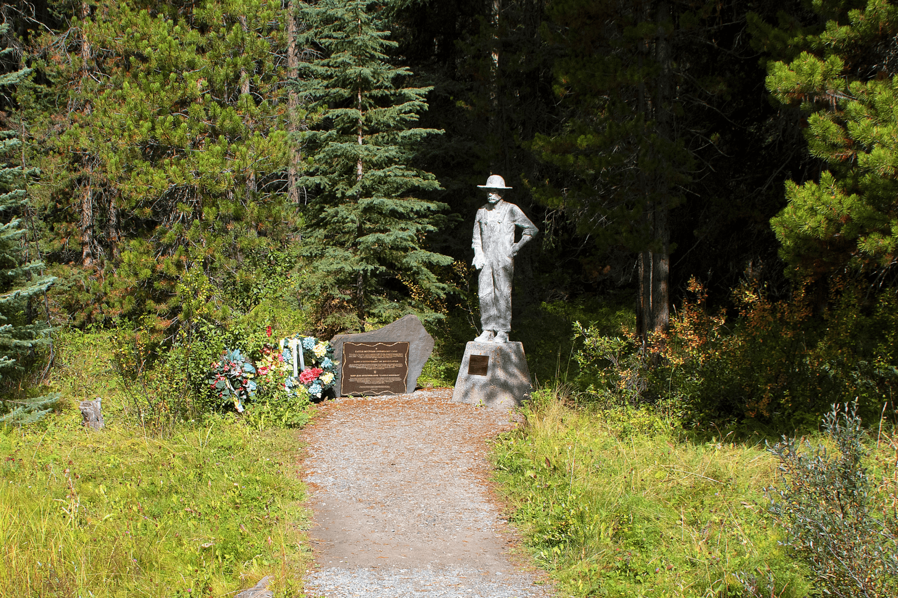 Memorial plaque and sculpture at the site of the Castle Mountain internment camp in Banff National Park, Alberta.