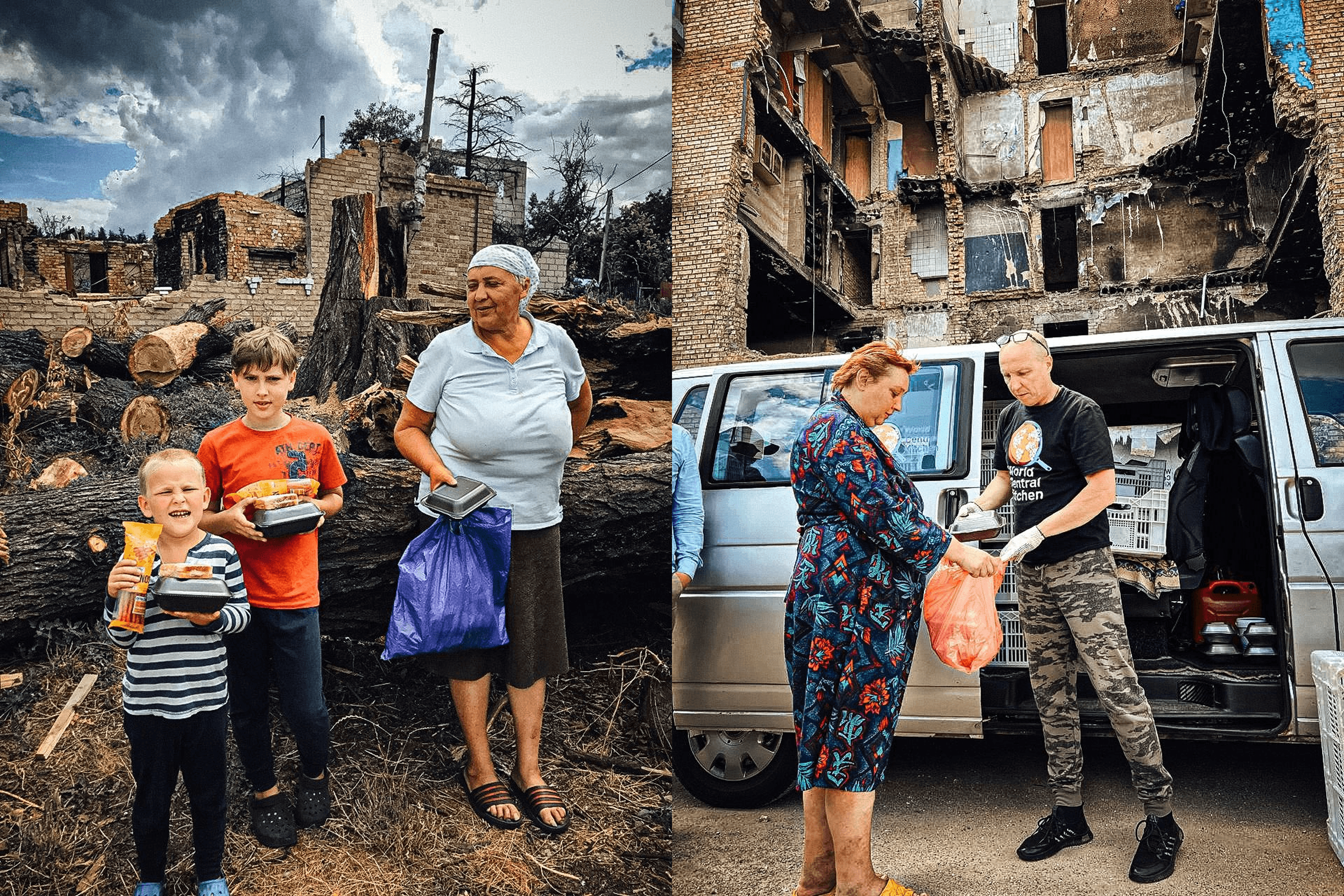 The World Central Kitchen team delivers prepared meals to residents of Horenka, Kyiv Oblast, after the village was liberated from Russian forces. July 2022.