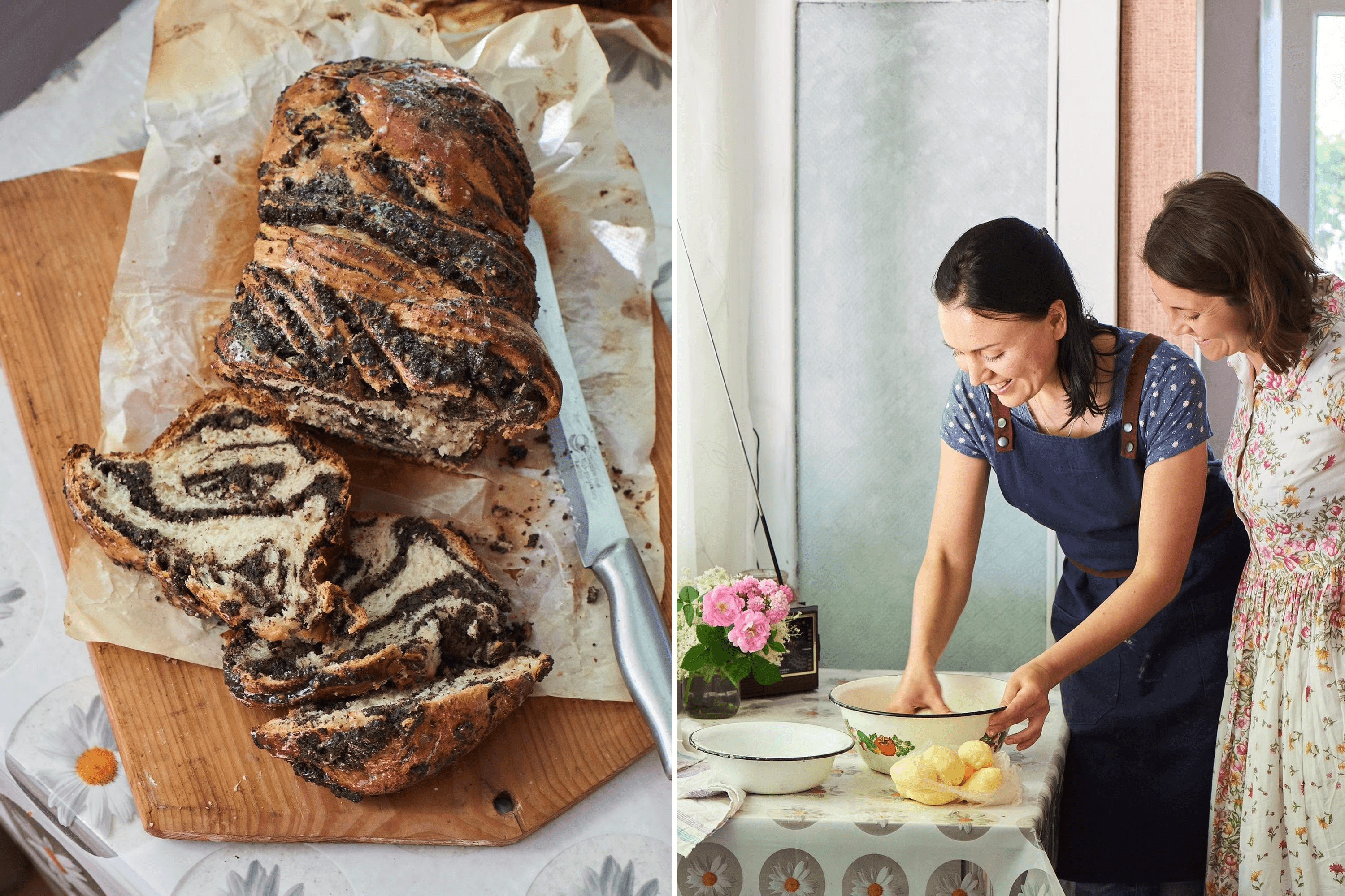 Cookbook author Olia Hercules bakes bread with baker Kateryna Kaliuzhna. March 2022.