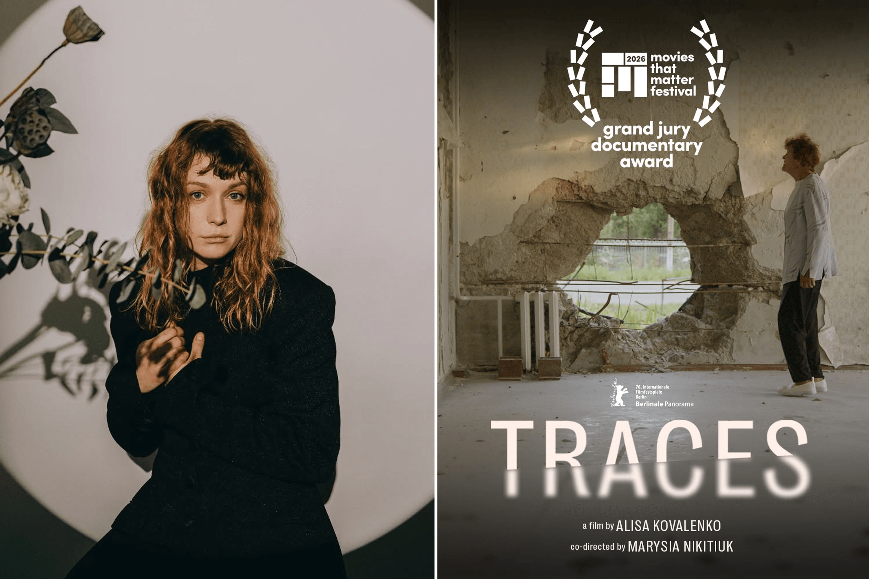 Director Marysia Nikitiuk, scenes from the documentary film “Traces,” and the film’s posters.