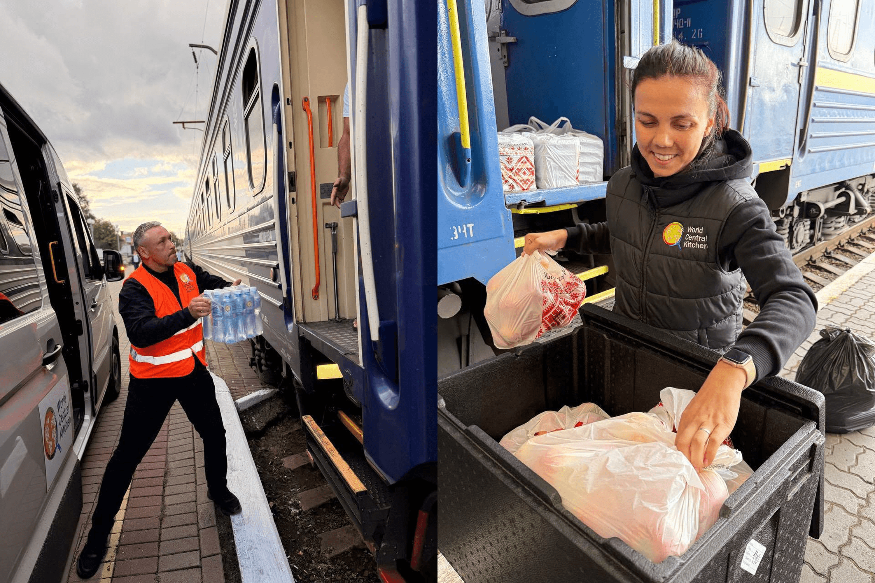 The World Central Kitchen team provides food and water to Ukrzaliznytsia passengers and employees during train delays caused by Russian attacks.