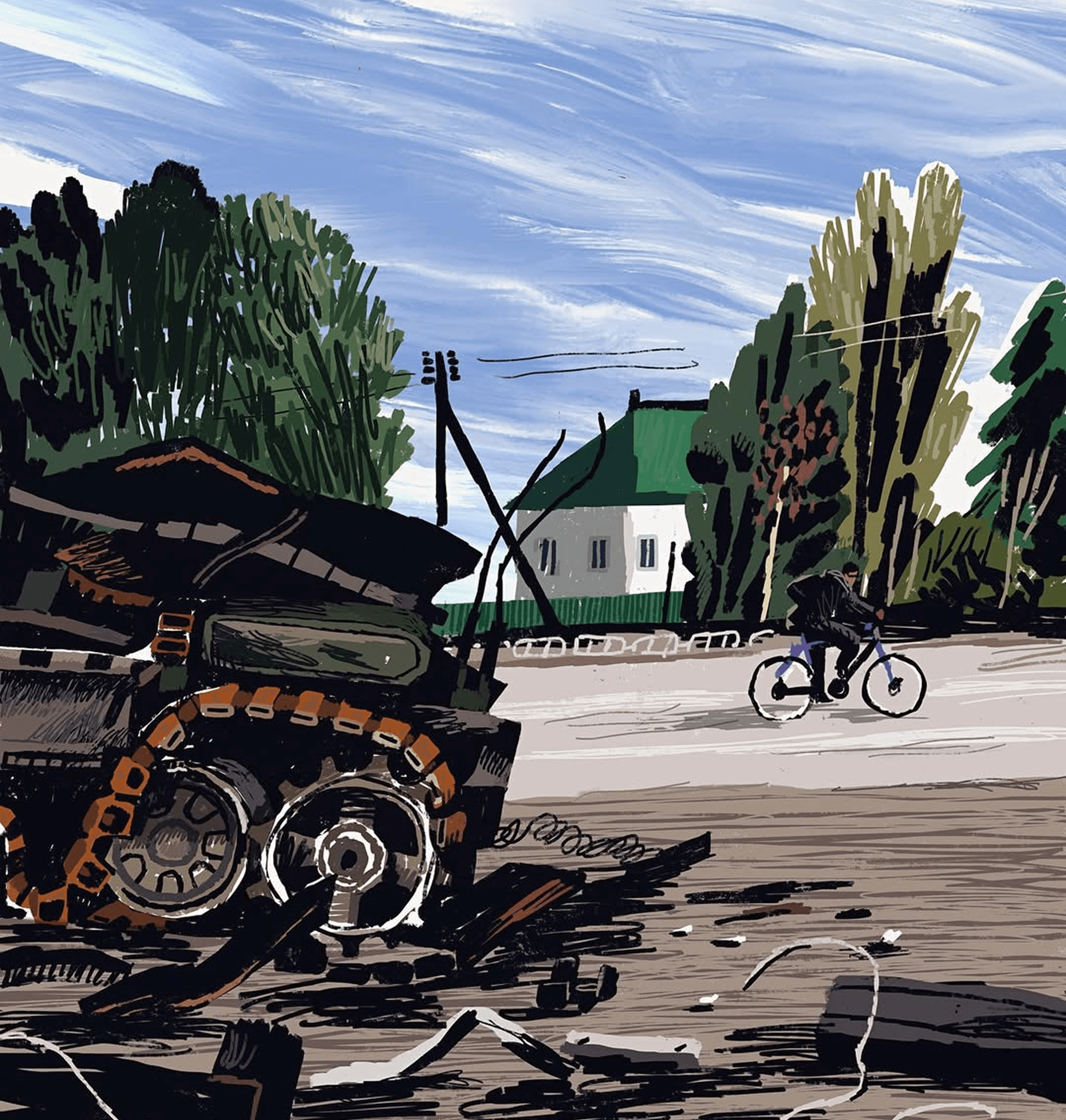 An illustration by Sergiy Maidukov depicting Izium after the city’s liberation. Created for ZEIT Magazin. October 2022.