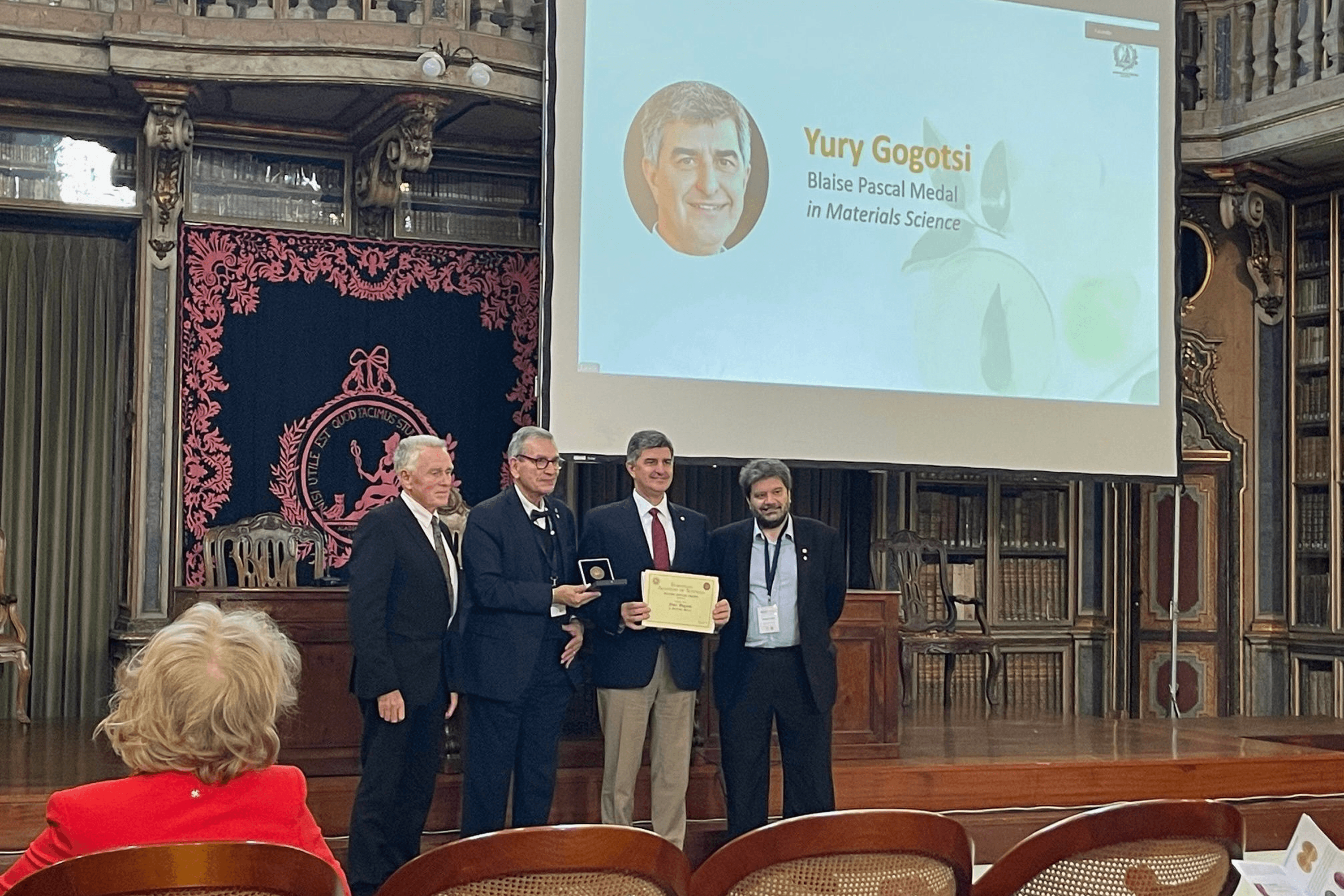 Yury Gogotsi during the presentation of the Blaise Pascal Medal in Materials Science from the European Academy of Sciences. 2024.