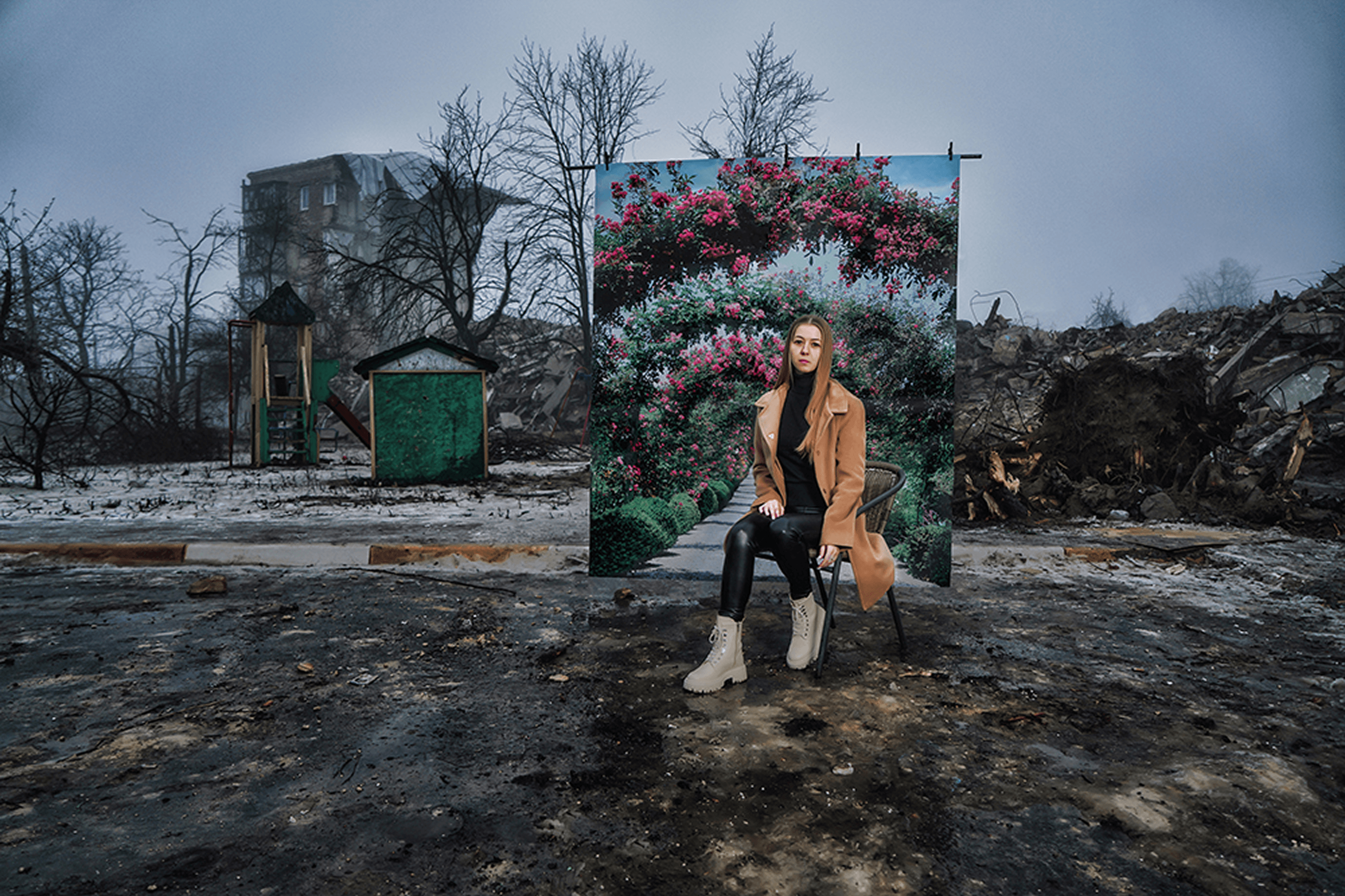 Series “Stolen Spring.”
Iryna and her family moved from Luhansk in 2014, but the war caught up with them again — this time in Irpin. After shelling and the loss of her father, she returned home to find only shattered windows and destroyed houses left of her former life. Irpin, Ukraine. December 2022.