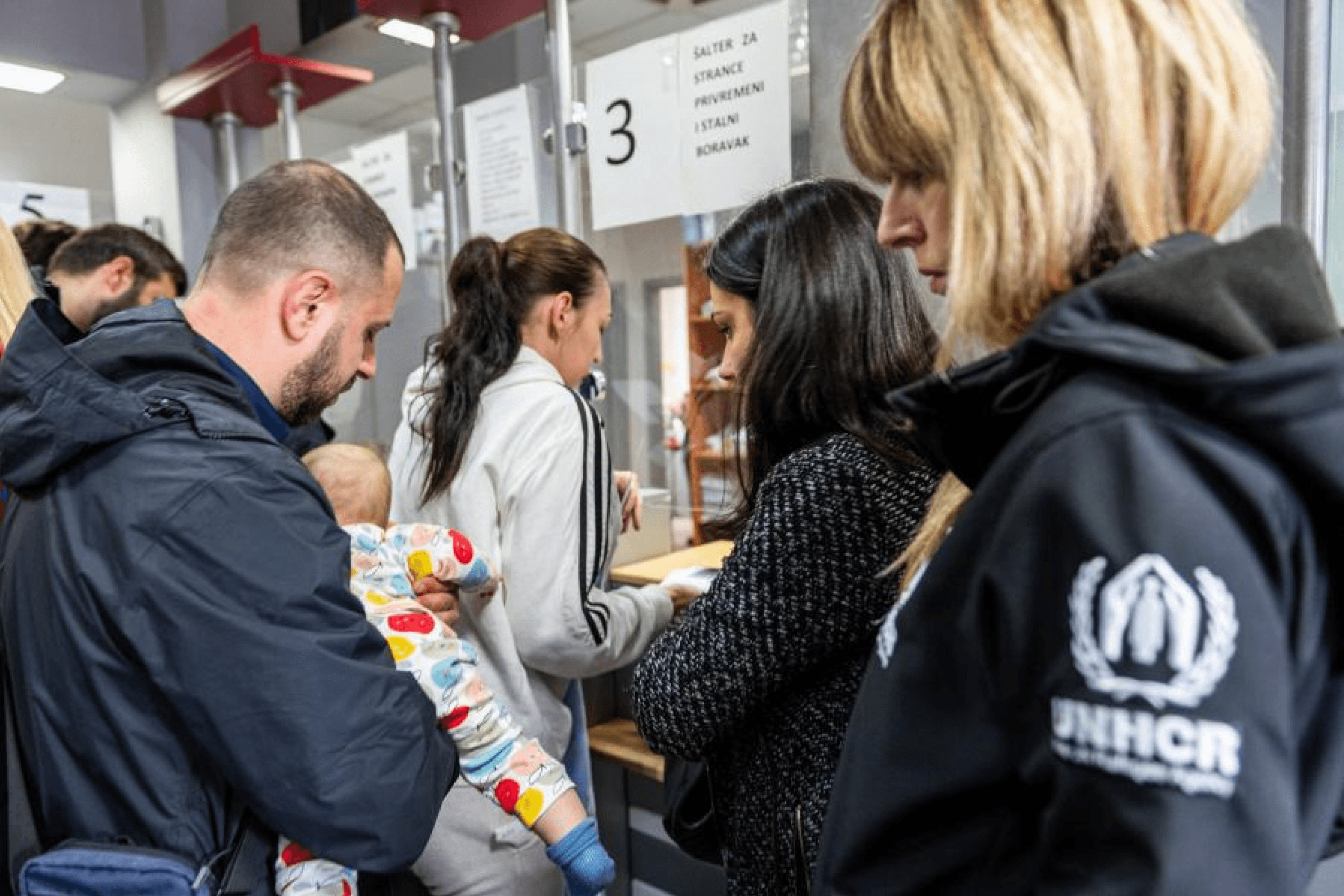 Ukrainian refugees renew their temporary protection status at a local office in Bar, Montenegro. 2024.