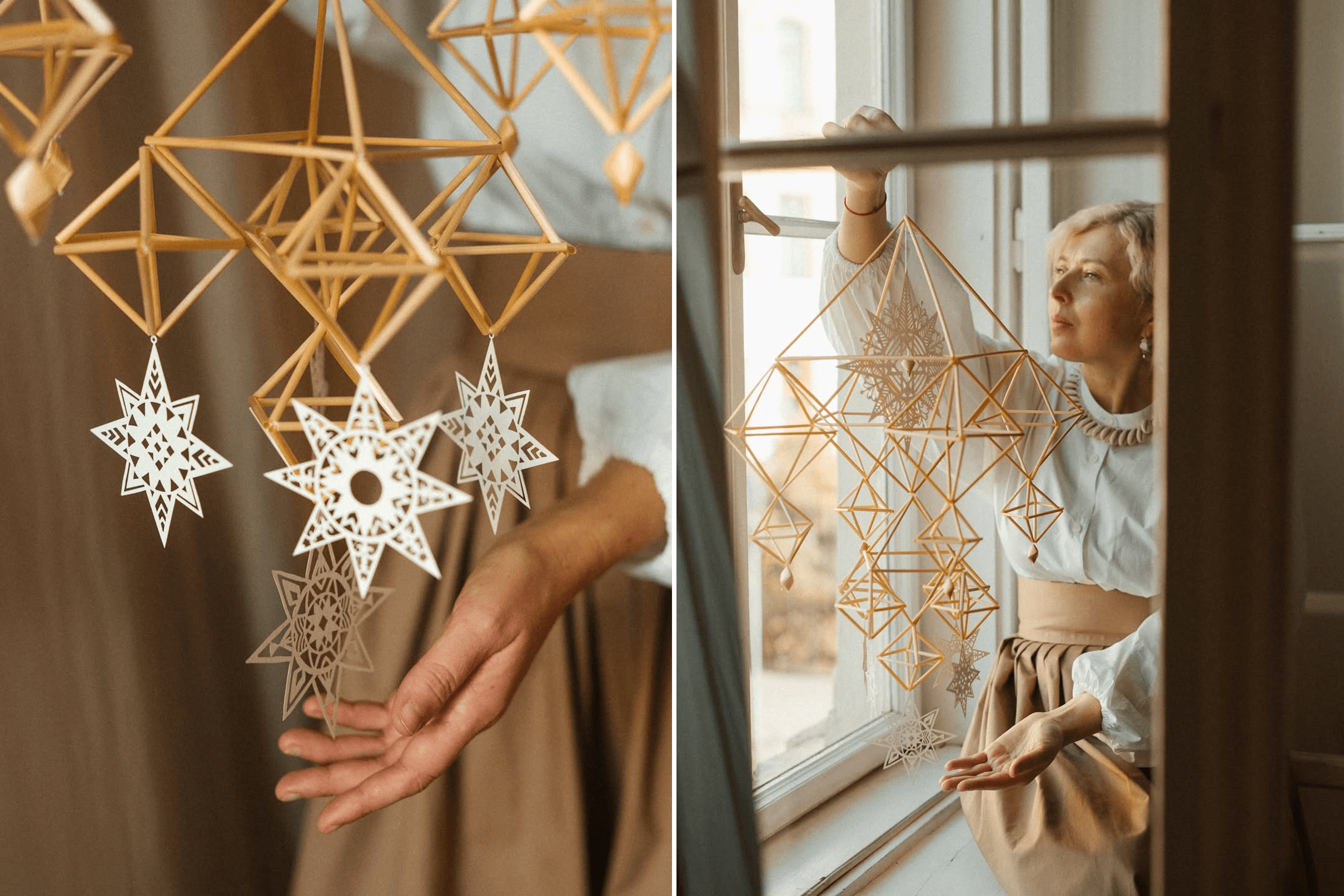 Daria Alyoshkina with a traditional Ukrainian Christmas spider, created in collaboration with the Snip Solomy workshop and complemented by her vytynanka. Lviv, 2025.