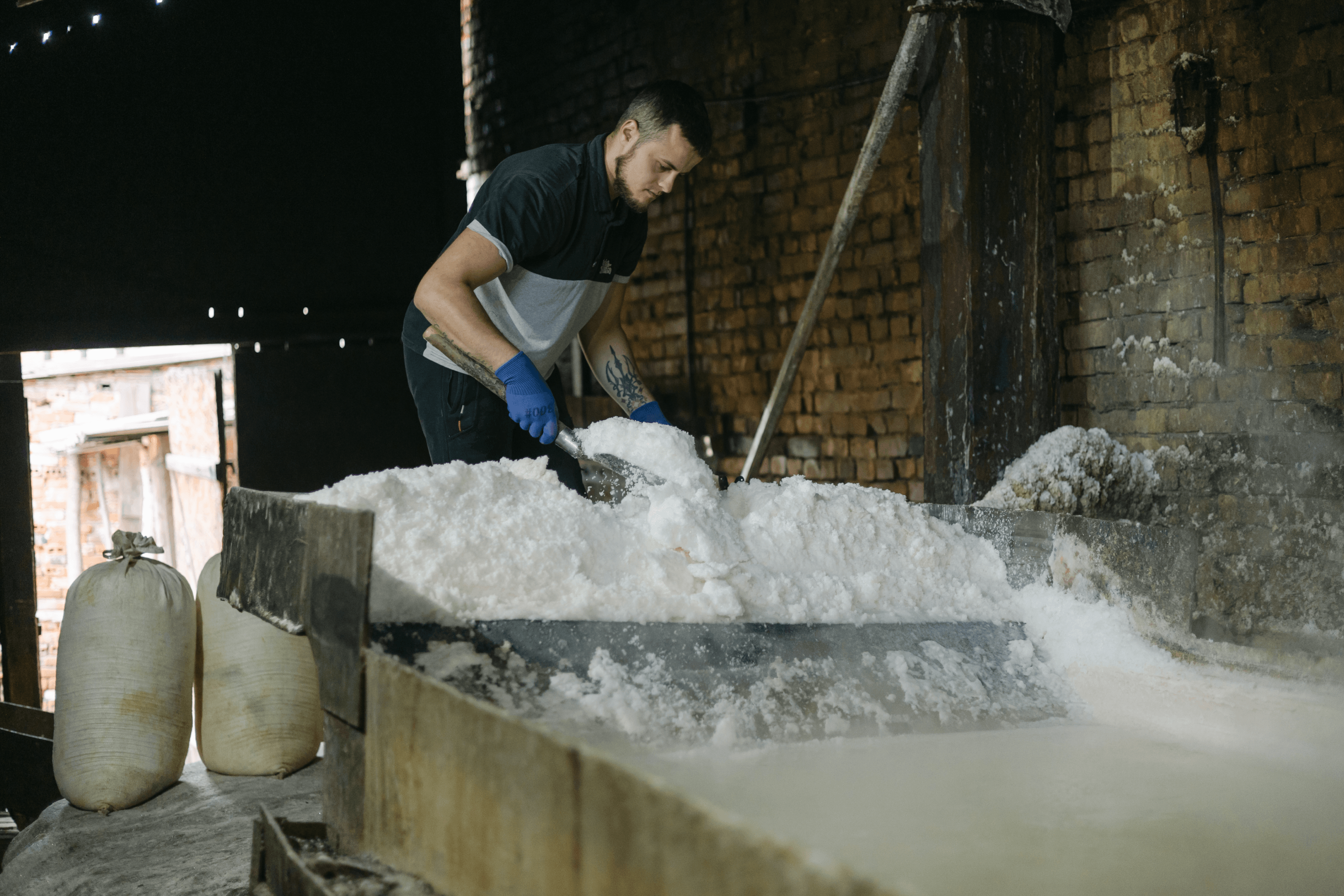 Salt is being shoveled out of the evaporation pan.