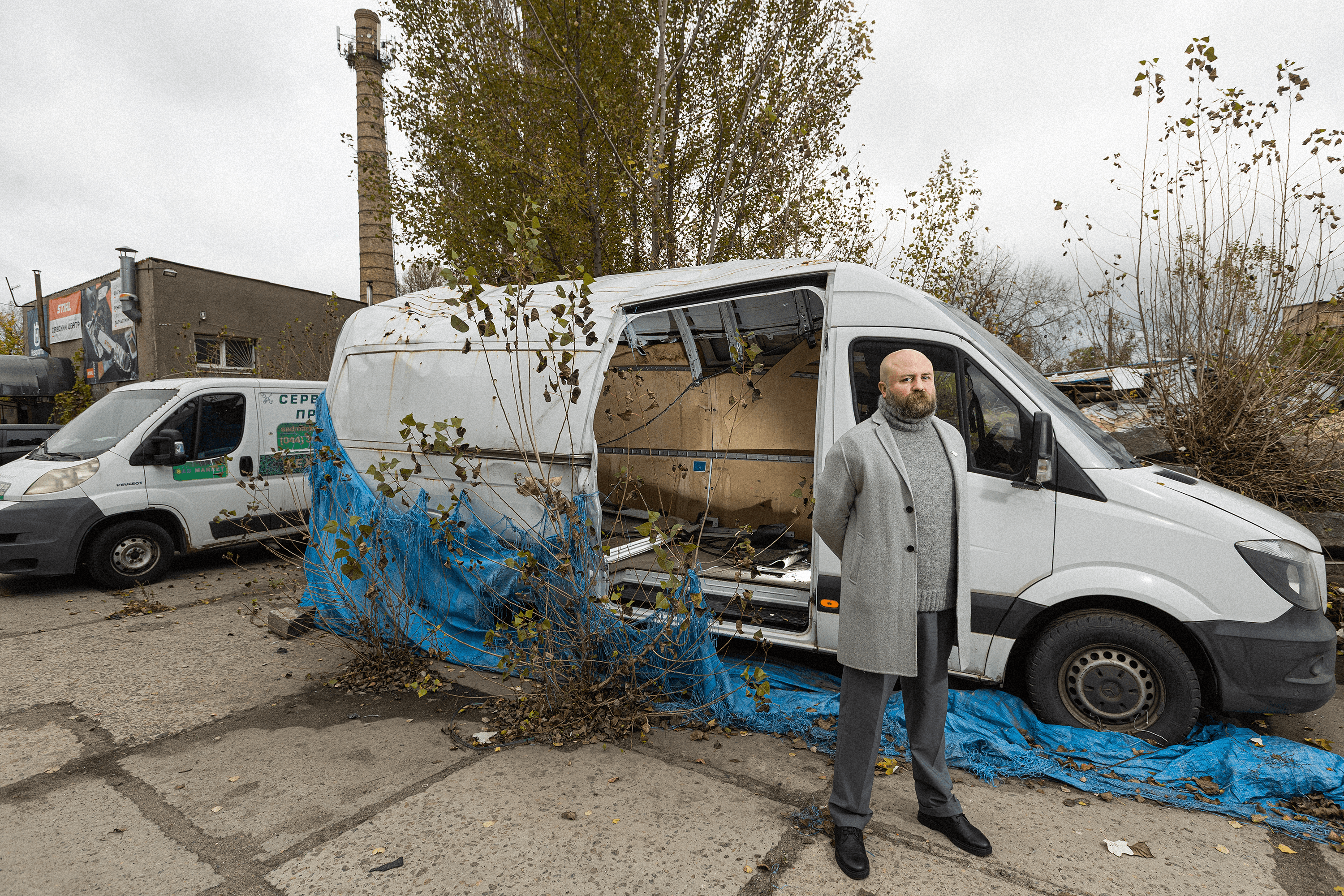 Leonid Marushchak’s van, used to evacuate hundreds of thousands of museum artifacts in 2022–2023. It was destroyed by a Russian drone strike during a mission in the Kherson region.