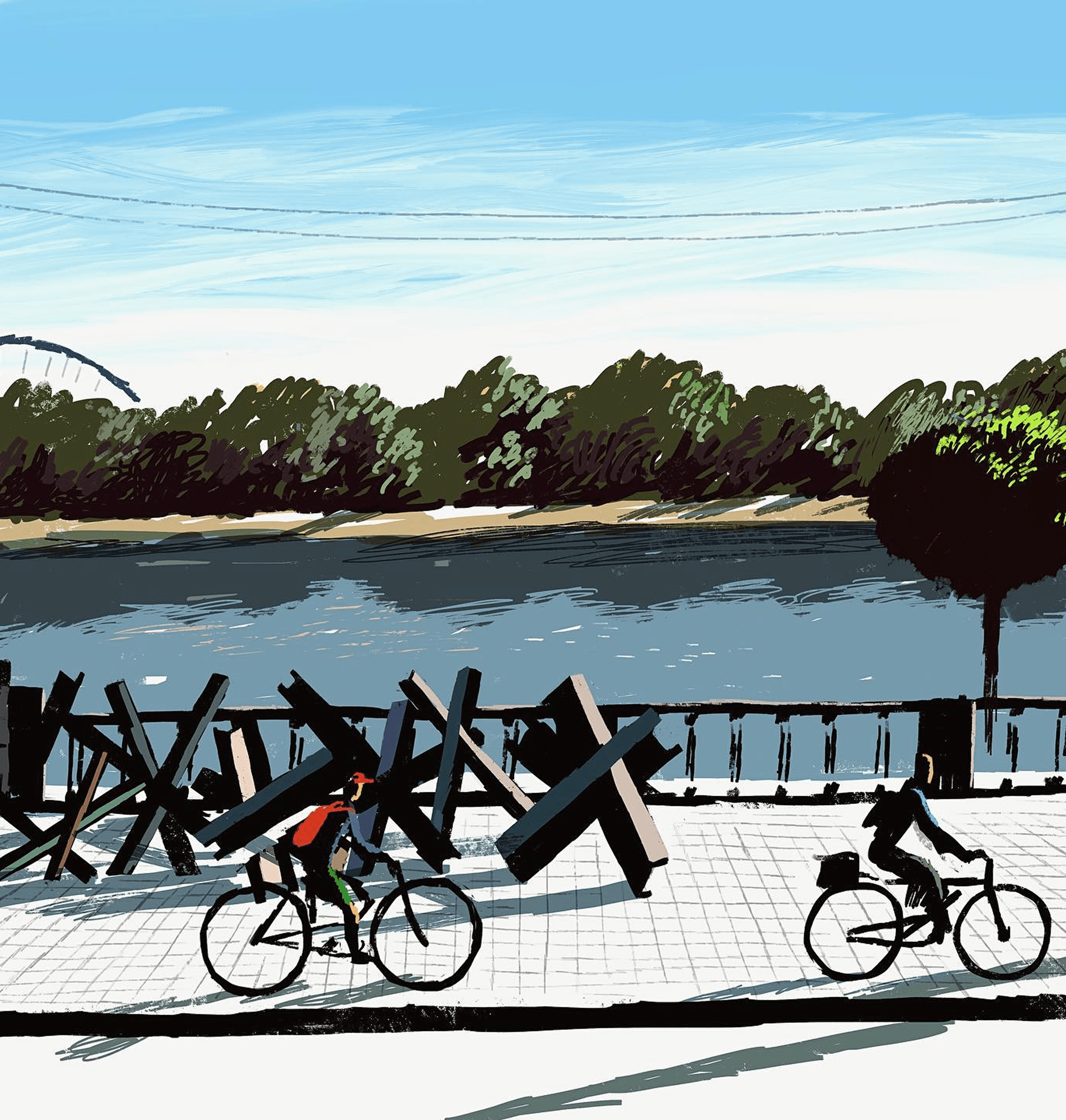 An illustration by Sergiy Maidukov depicting the Kyiv riverfront in early June 2022. Created for ZEIT Magazin. June 2022.