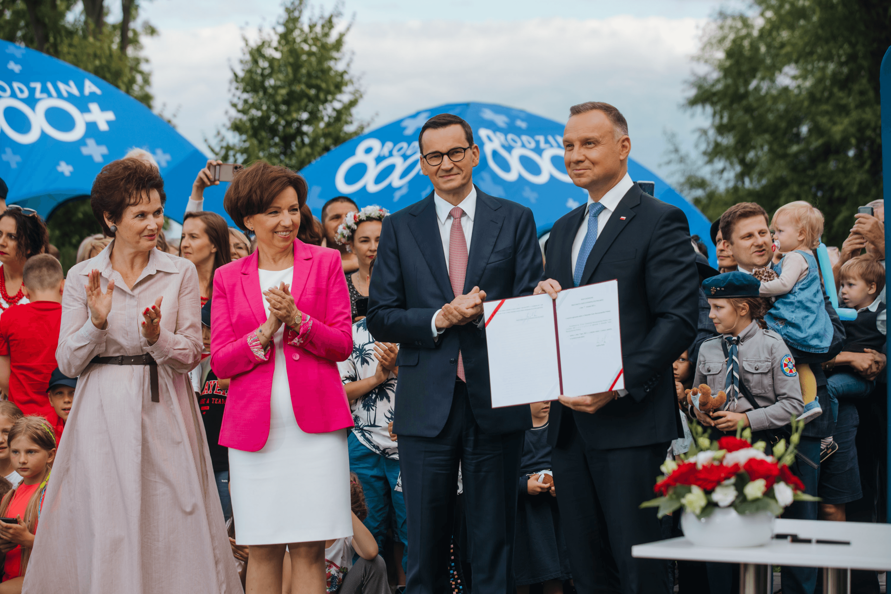 Polish Prime Minister Mateusz Morawiecki during the presentation of the government’s 800+ family support program. Poland, August 7, 2023.