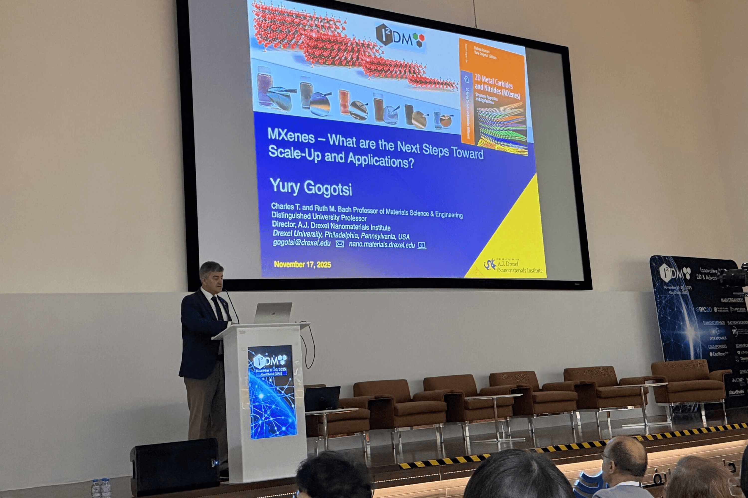 Yury Gogotsi during a presentation on MXenes at the I2DM Summit 2025 at Khalifa University. 2025.
