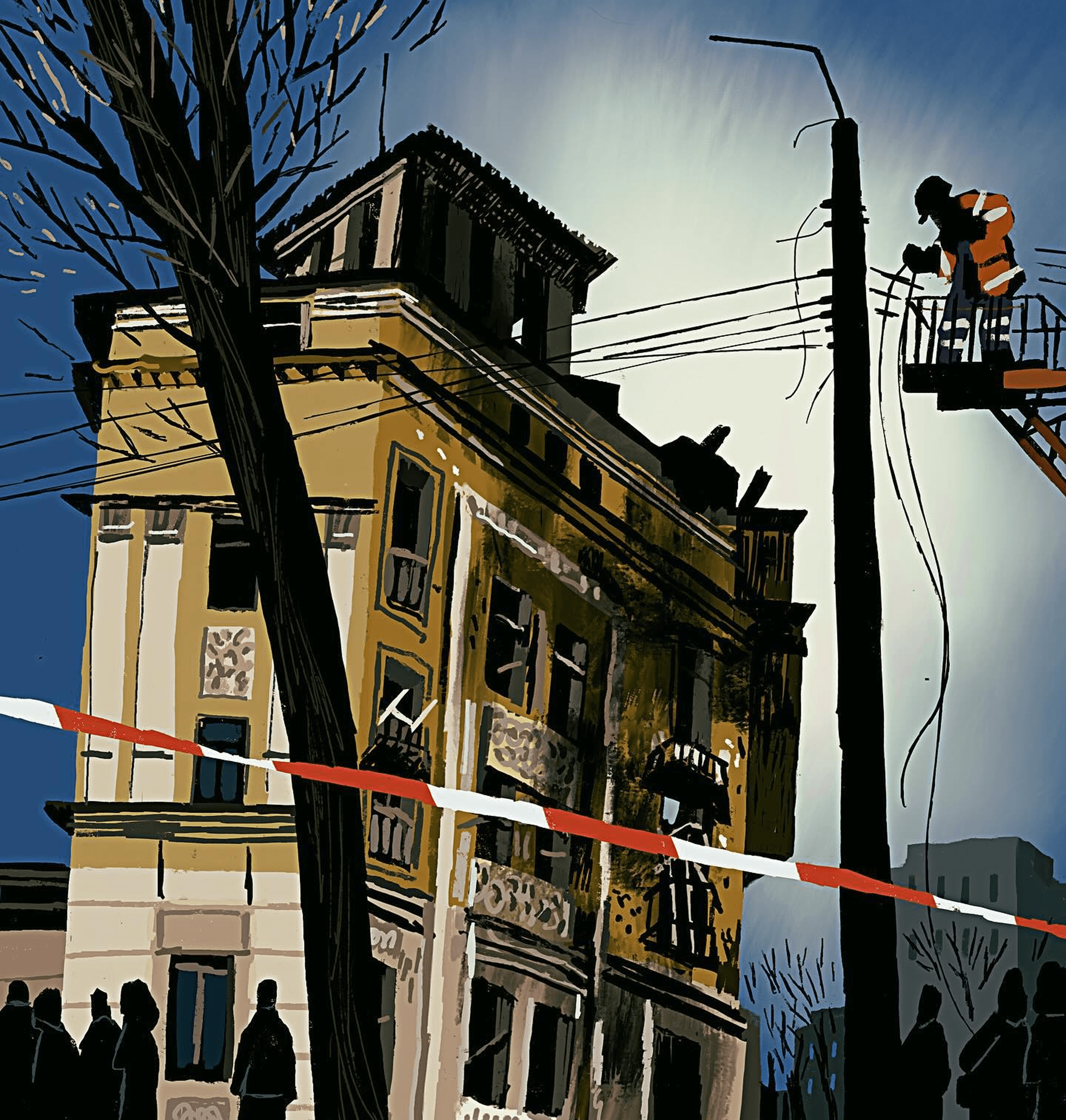 An illustration by Sergiy Maidukov depicting the aftermath of a Russian missile attack on Kyiv, created for ZEIT Magazin. April 2024.