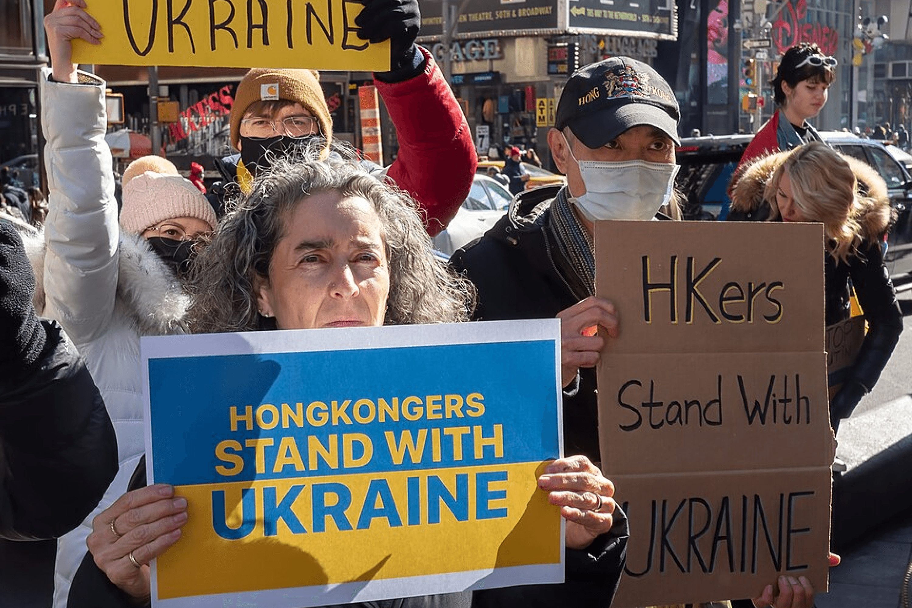 Participants of a pro-Ukraine rally protest against the Russian invasion at Times Square in New York, USA. February 26, 2022.