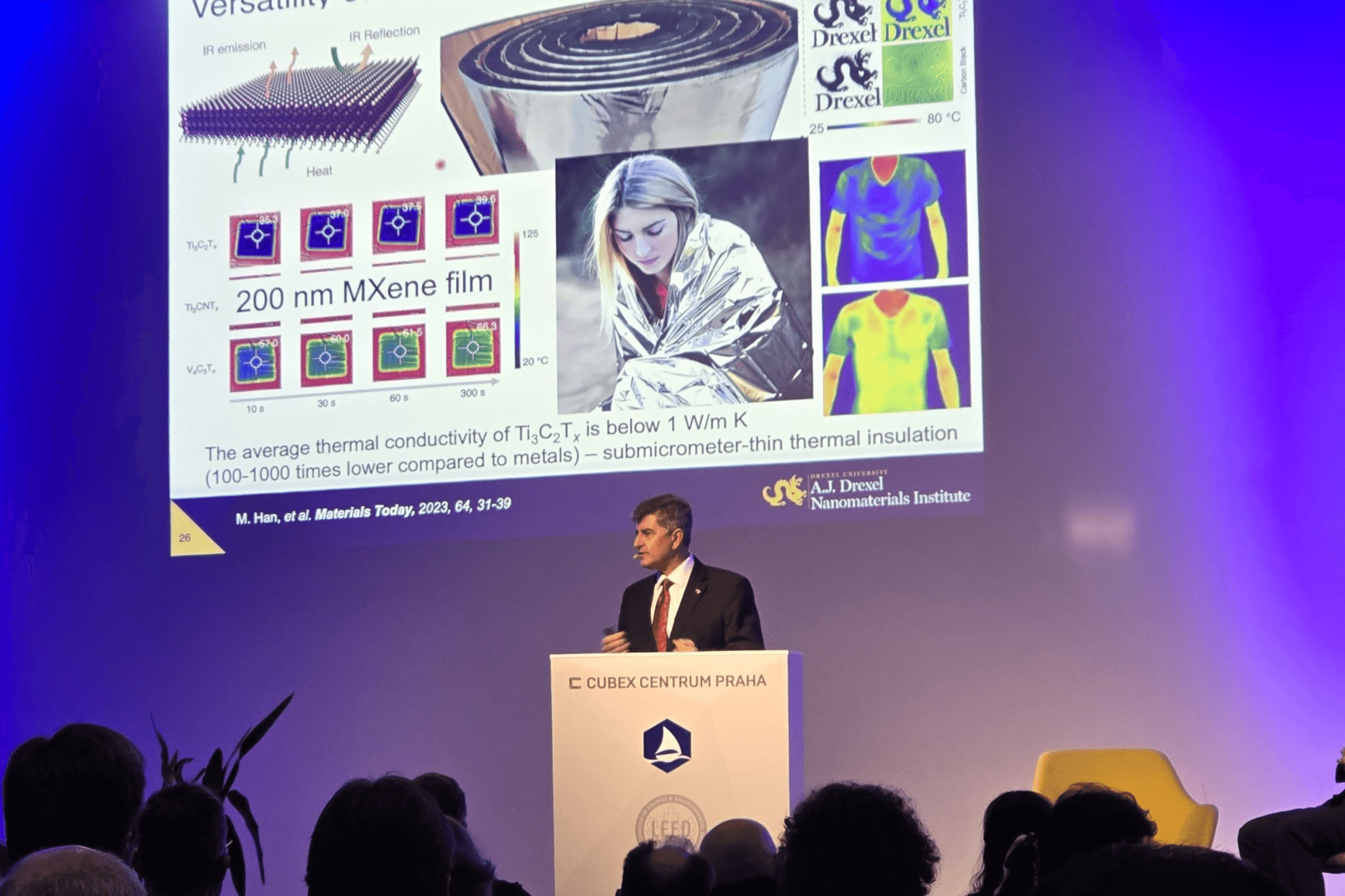 Yury Gogotsi during a plenary lecture at the Graphene Week conference in Prague. 2024.