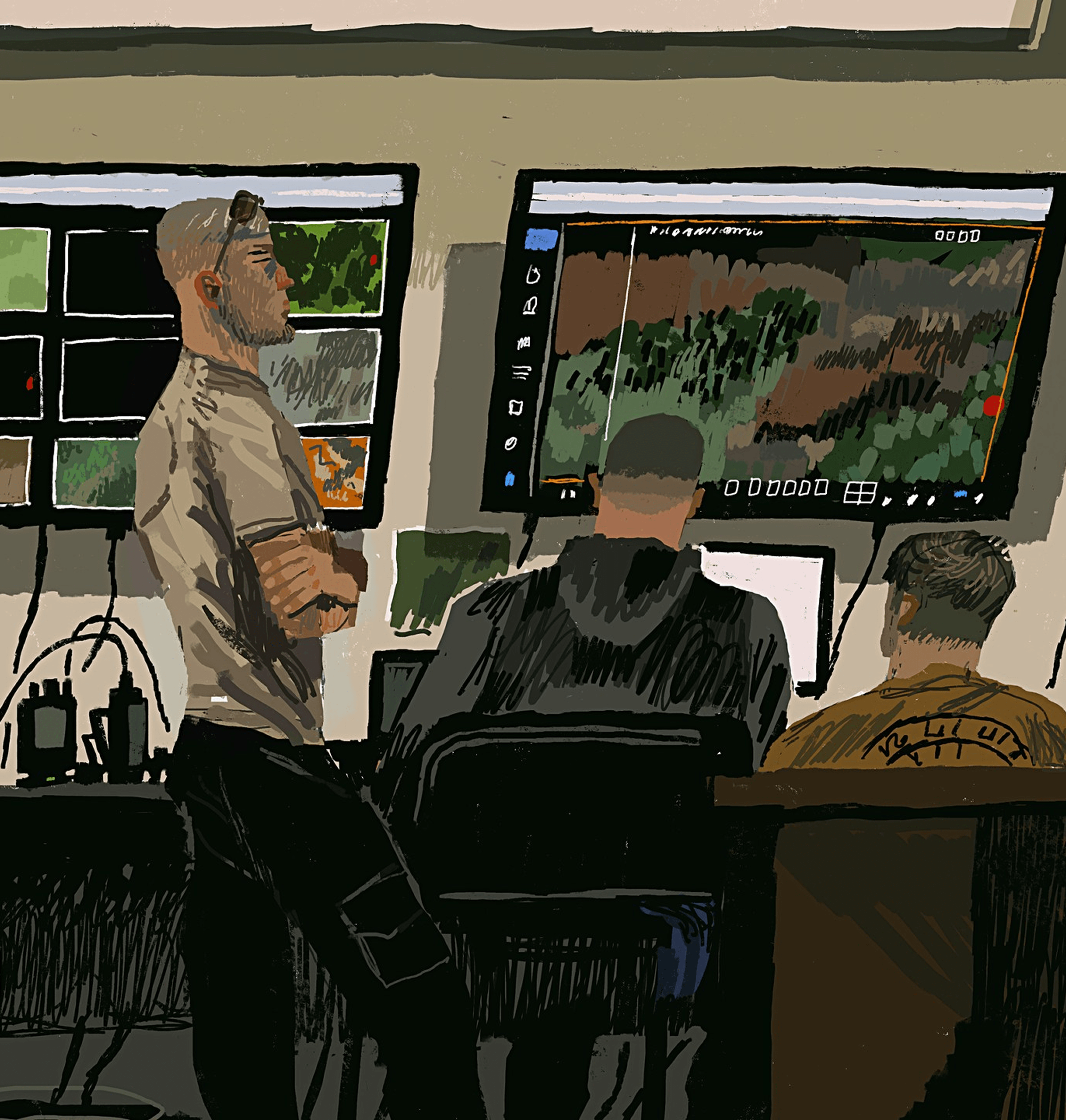 An illustration by Sergiy Maidukov depicting drone operators during a reconnaissance mission in Kharkiv Oblast. October 2024.