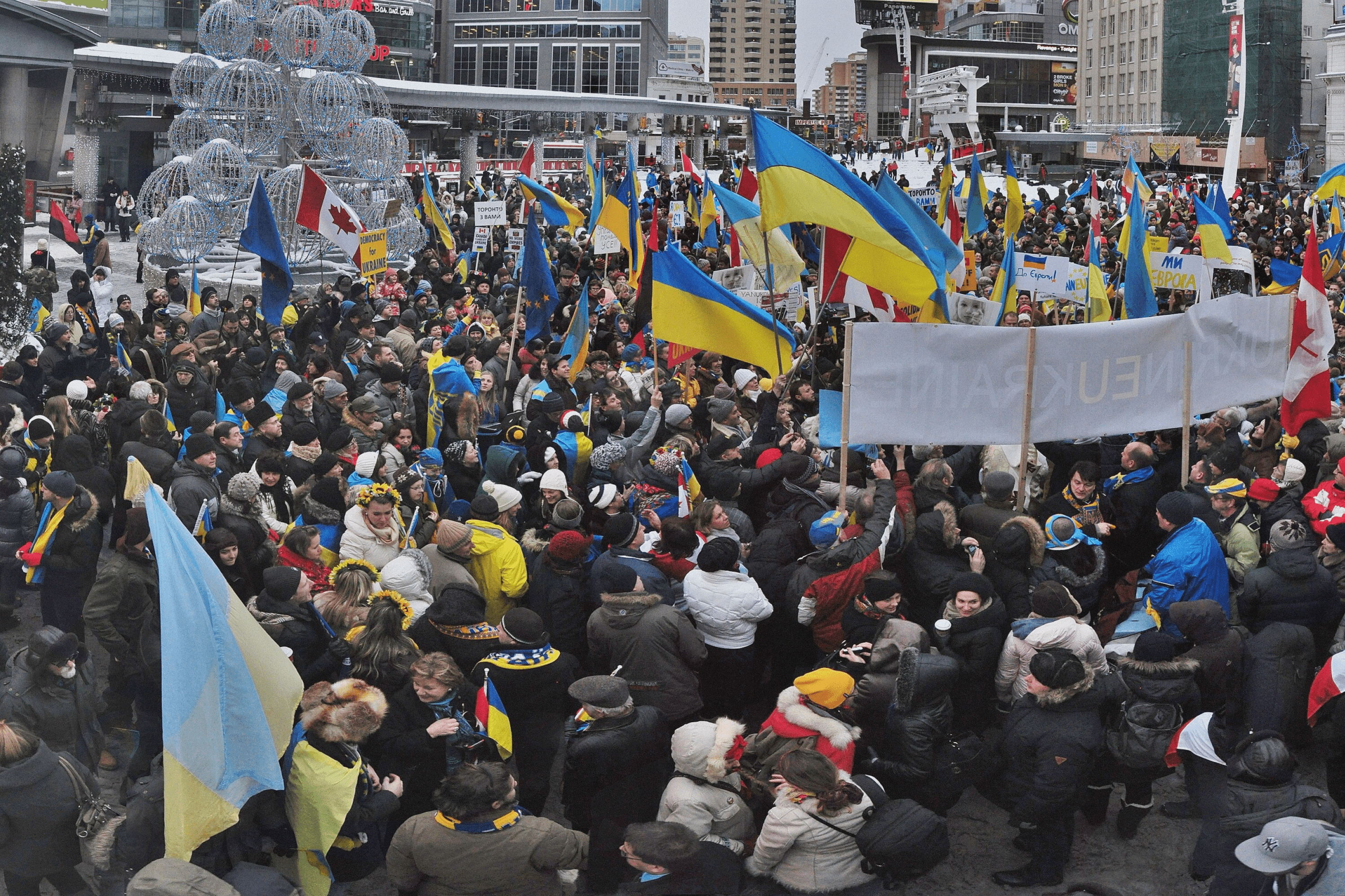 A rally in support of Euromaidan at Yonge-Dundas Square in Toronto. December 15, 2013.