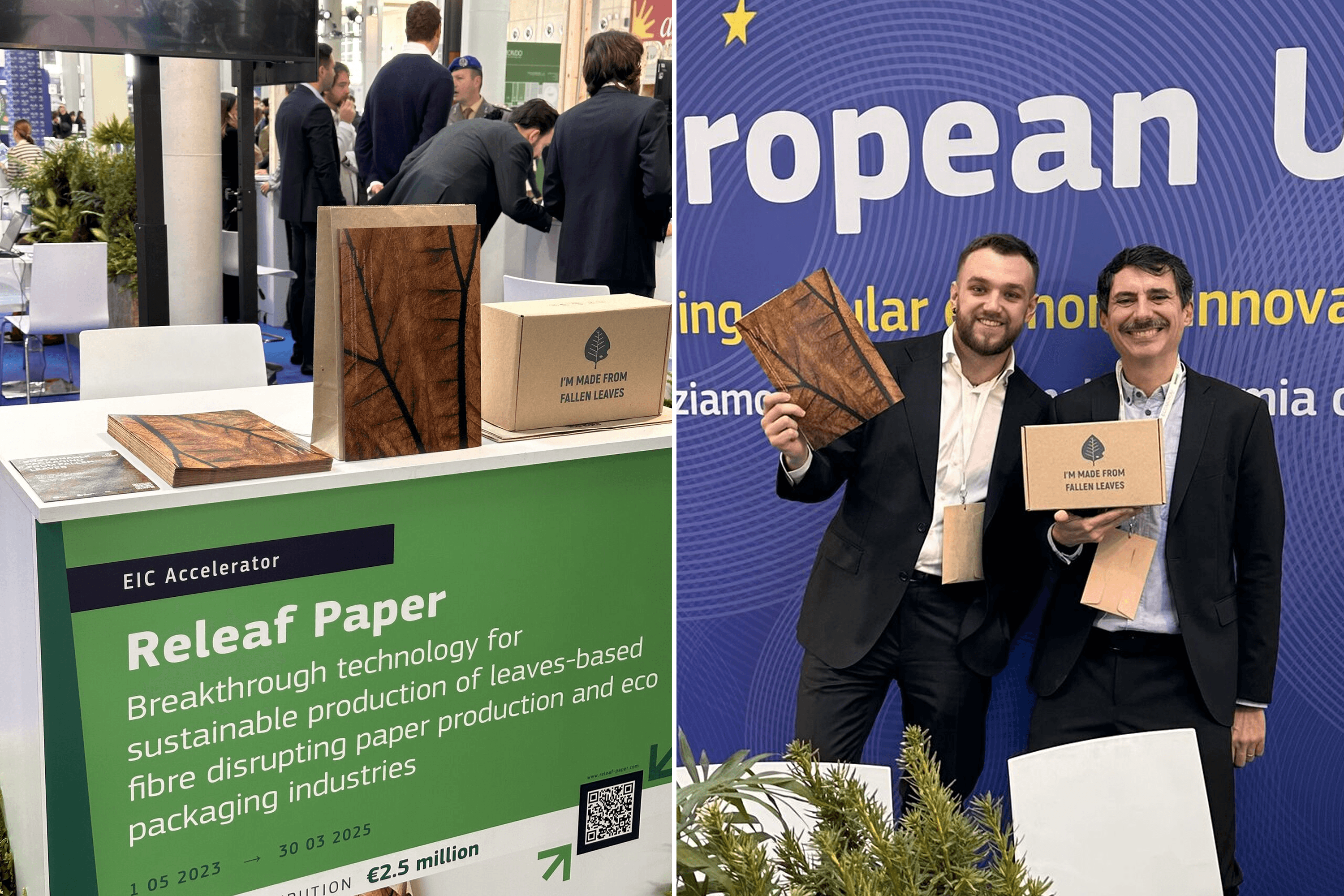 Releaf Paper products made from fallen leaves at Ecomondo. 2025.