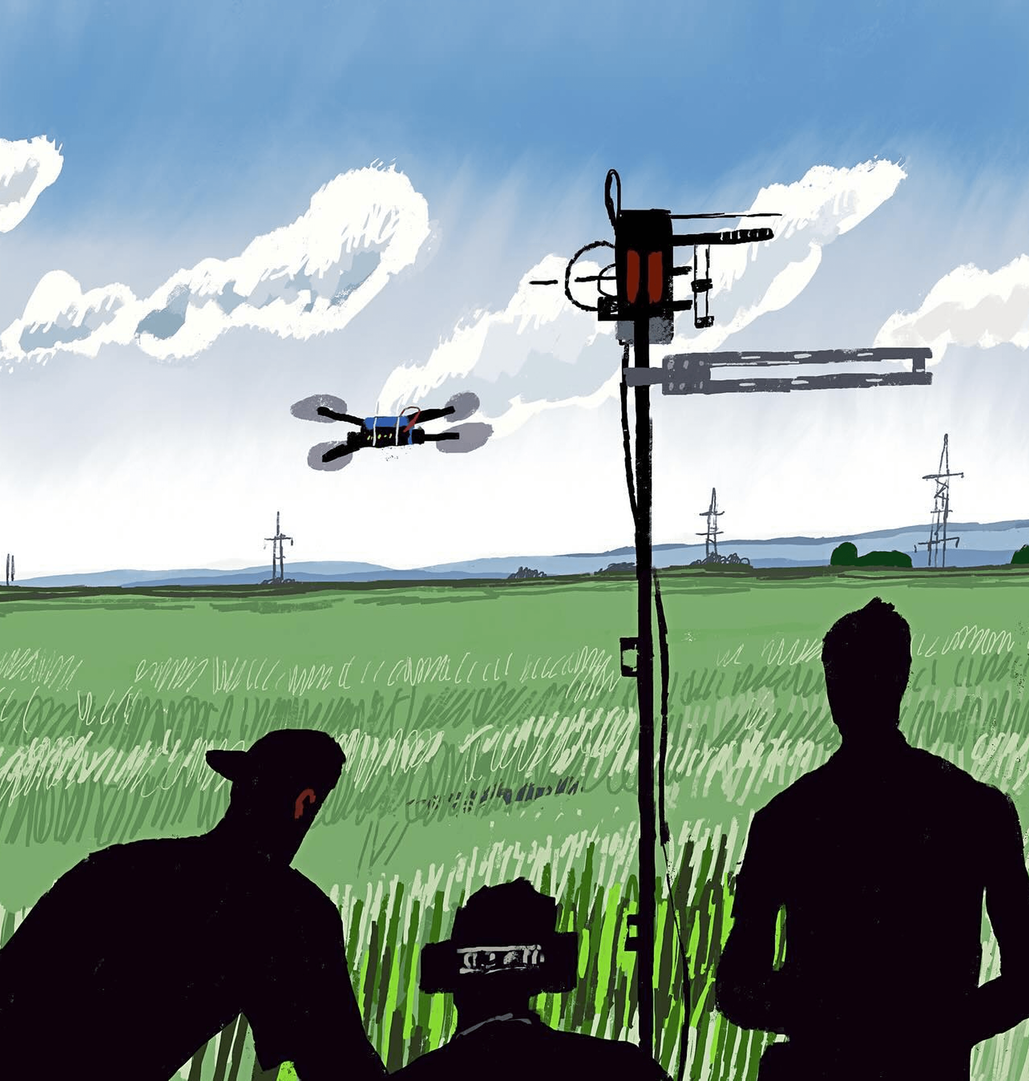 An illustration by Sergiy Maidukov depicting drone operators during a reconnaissance mission in Kharkiv Oblast. October 2024.