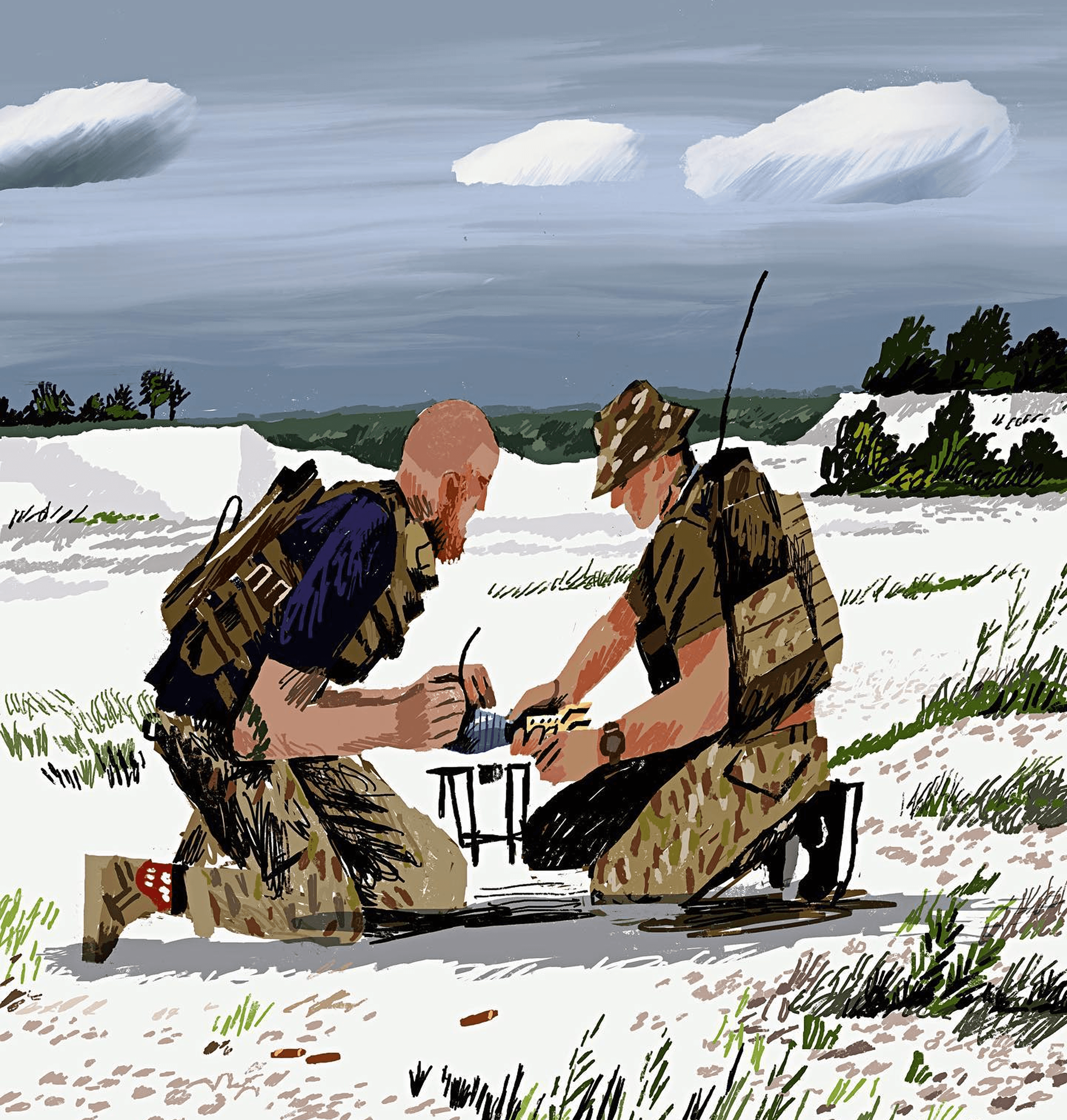 An illustration by Sergiy Maidukov depicting military drone training in the Donbas. July 2023.
