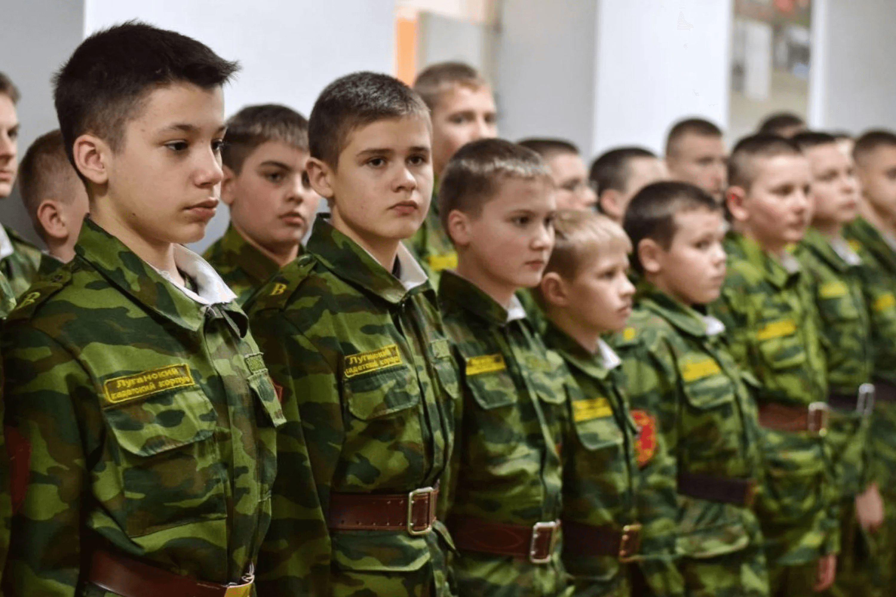 Teenagers in military uniforms during training at the Luhansk Cadet Corps.