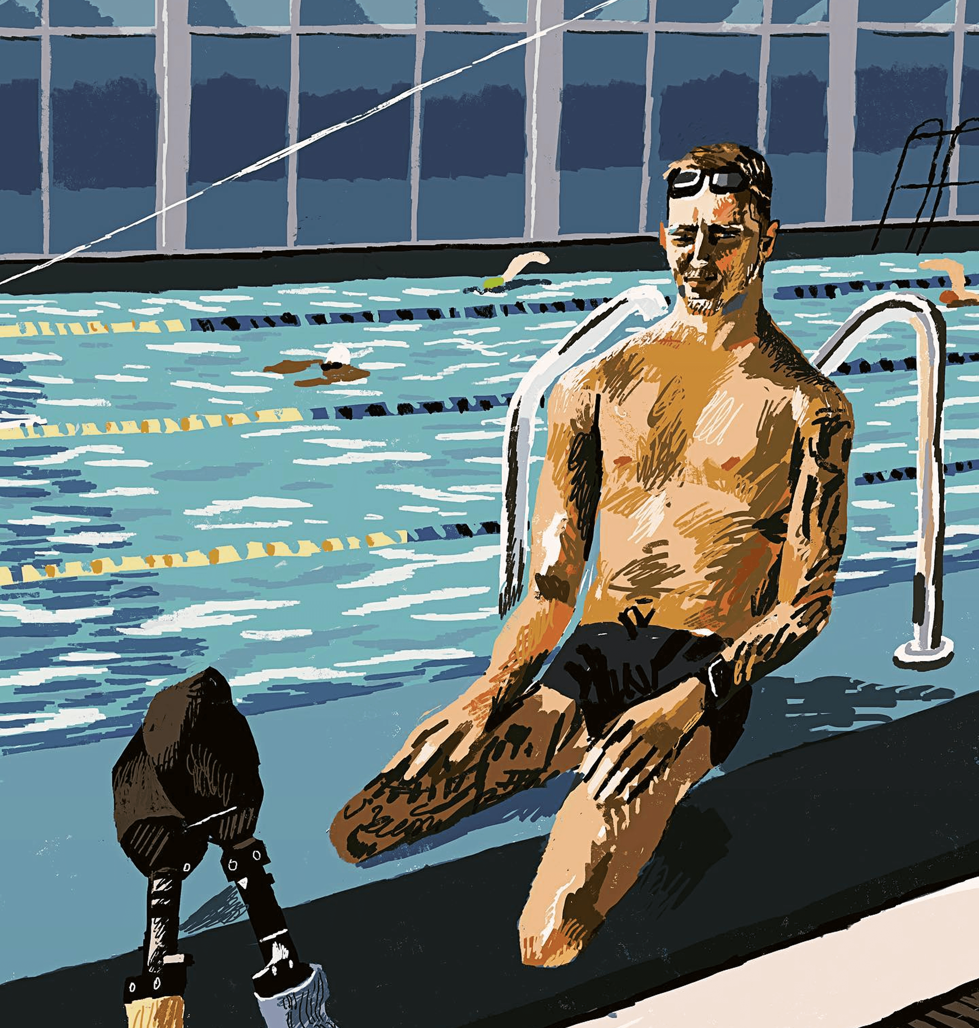 An illustration by Sergiy Maidukov depicting veteran Oleksandr, callsign “Teren,” as he prepares for an international sports competition for veterans. September 2023.