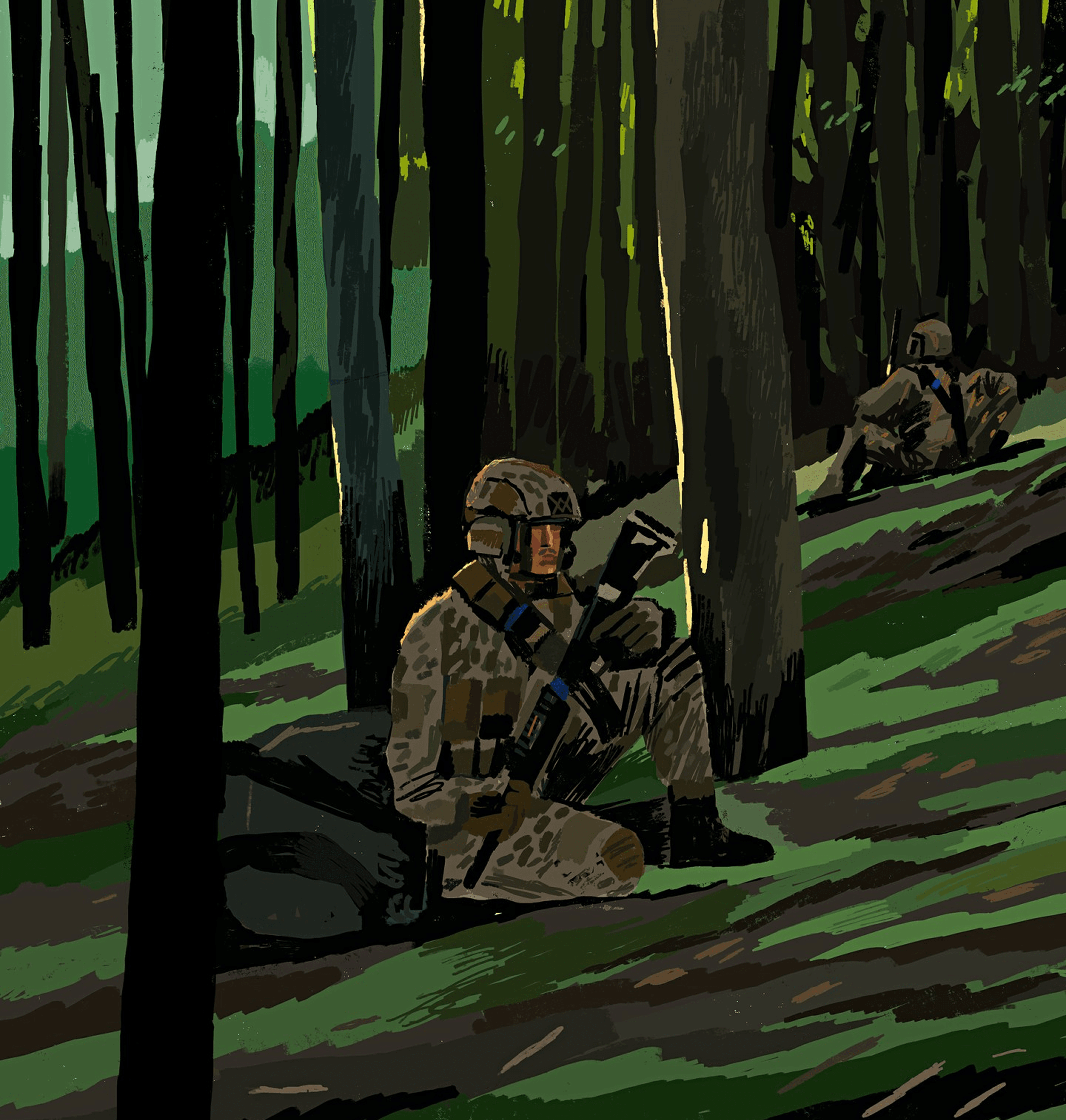 An illustration by Sergiy Maidukov depicting Special Operations Forces soldiers during a training exercise. August 2023.